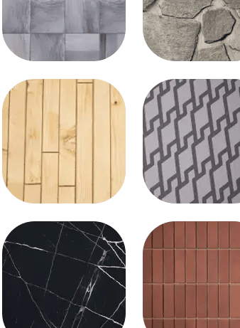 Selection of materials and textures including wood, stone, and pavers for outdoor design projects