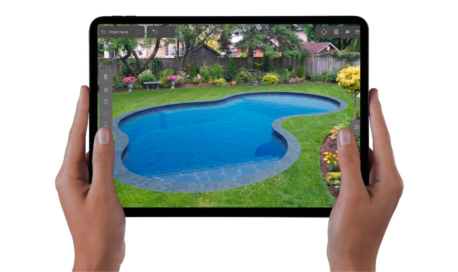iPad showing a pool and landscape design placed in a real backyard using YARD augmented reality