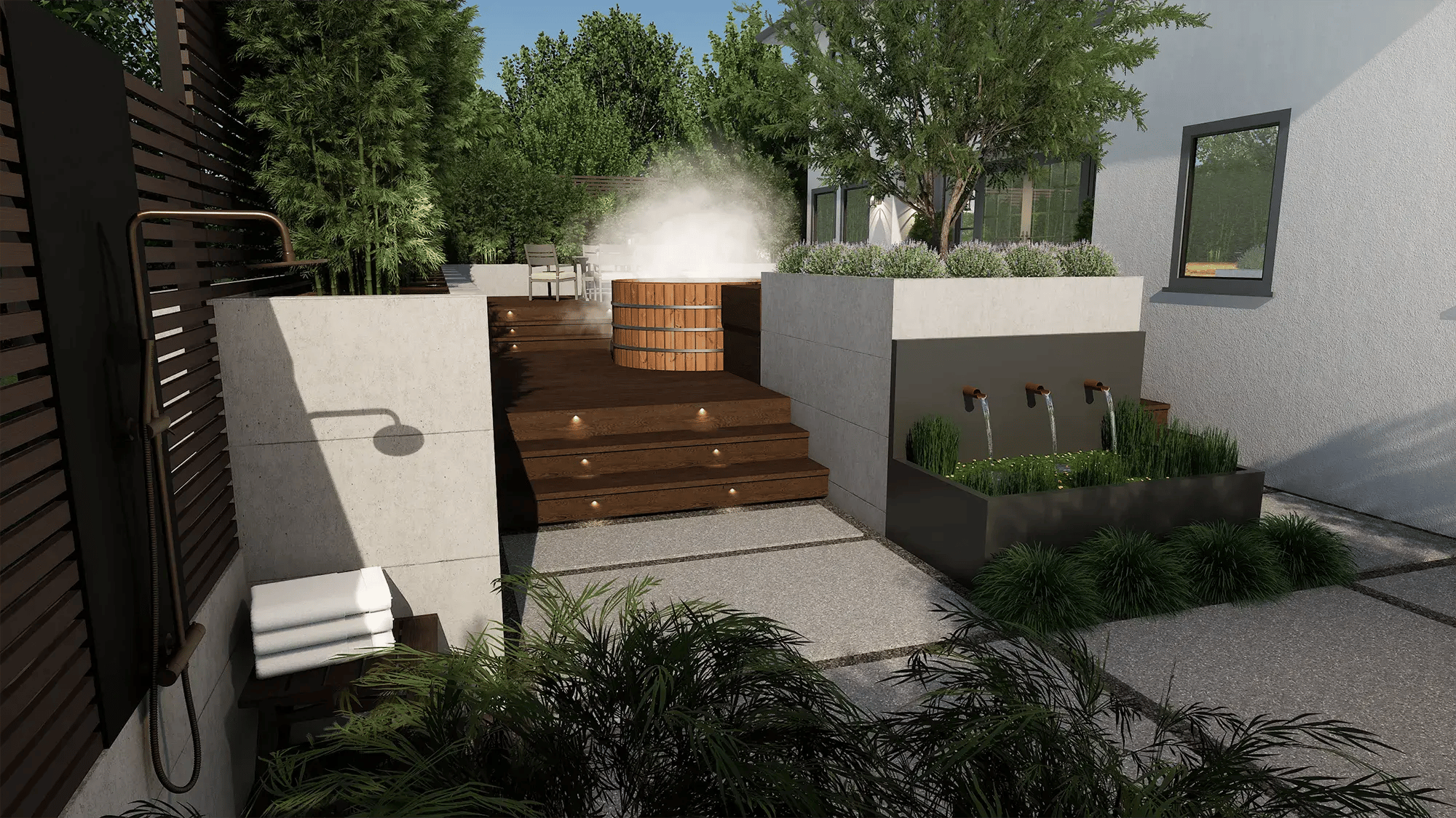 Modern pool design with raised spa entry, water spouts, and integrated steps