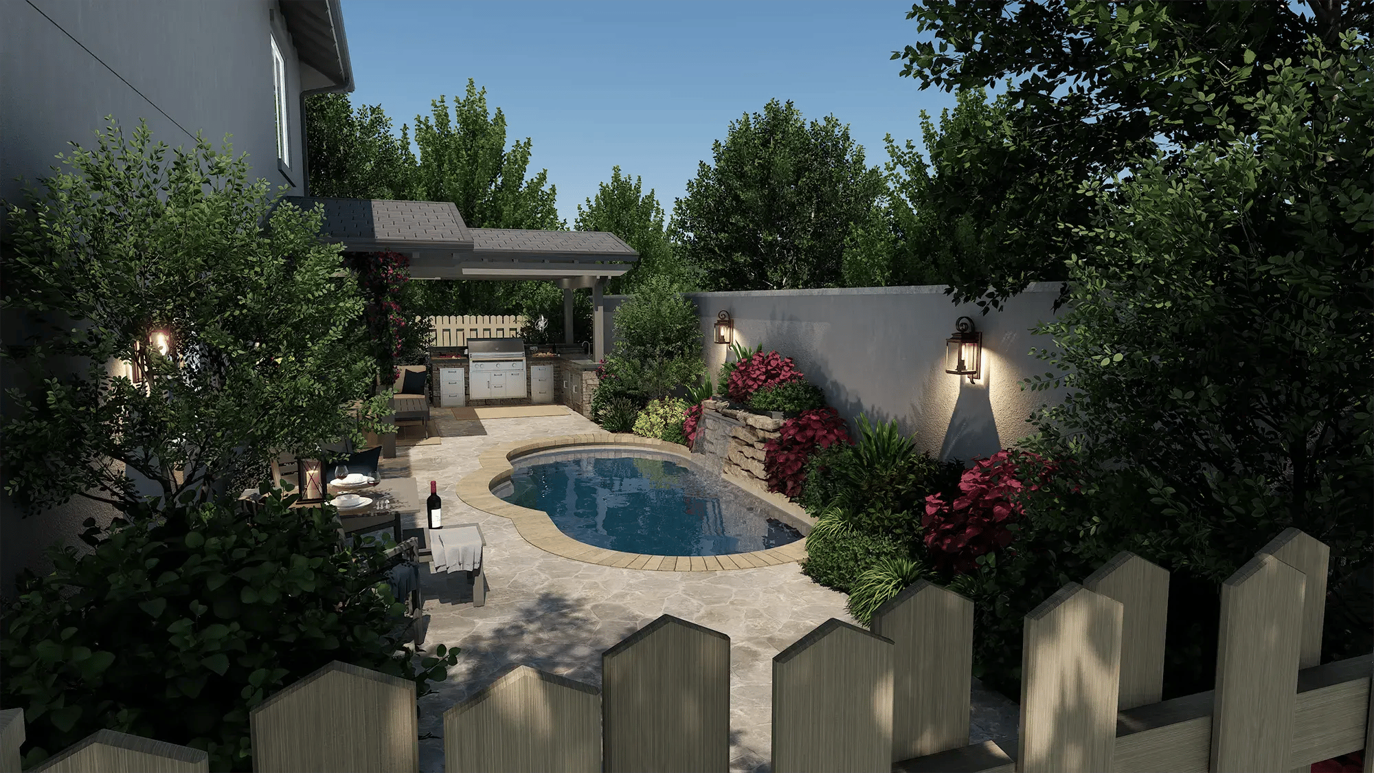 Freeform backyard pool design with lush landscaping and intimate garden setting