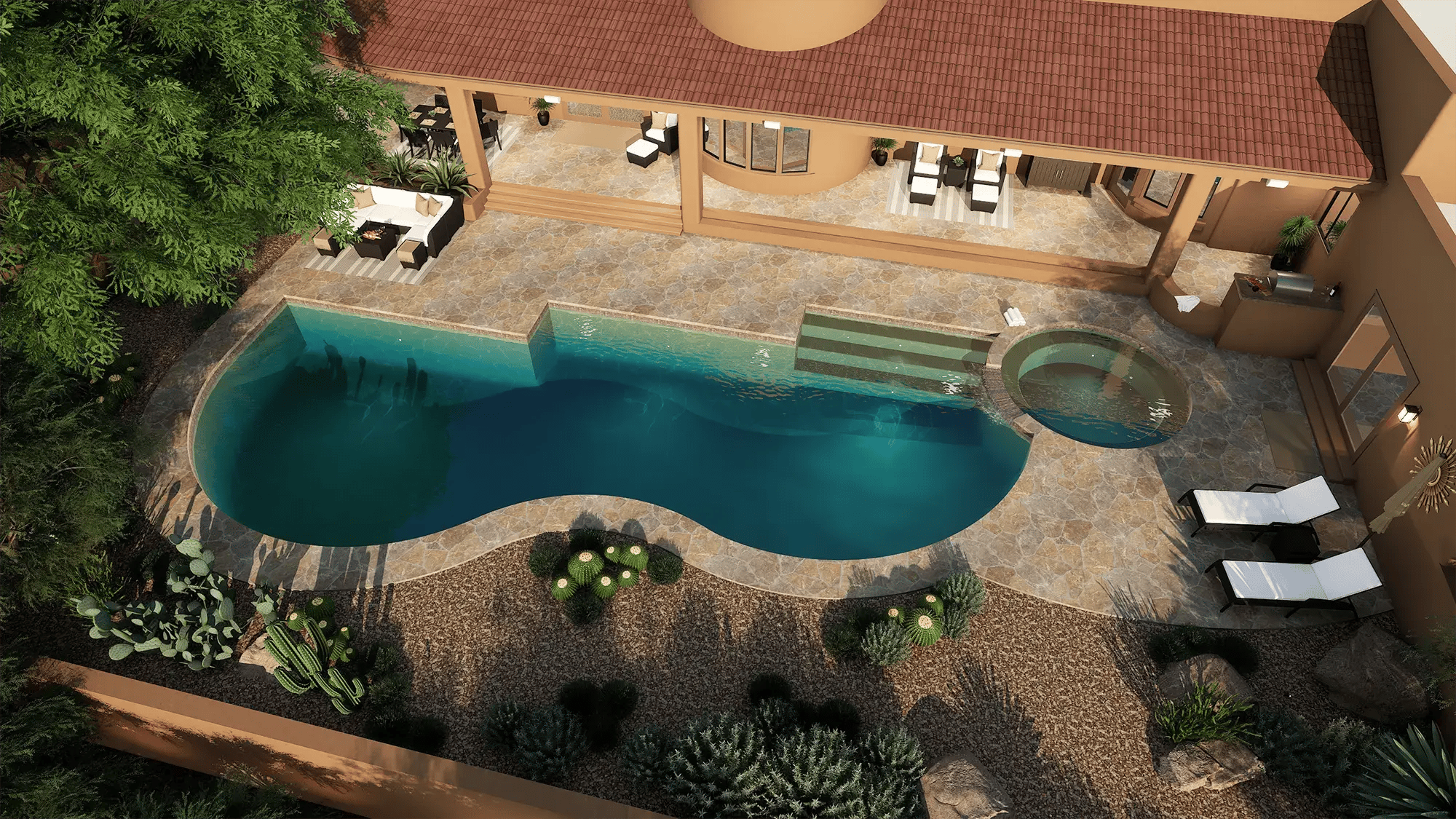 Custom backyard pool layout with curved design, attached spa, and full outdoor living space