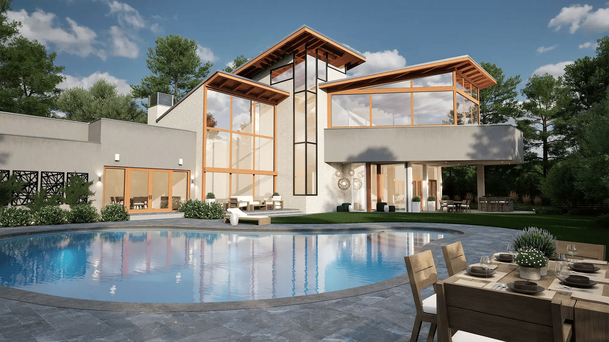 Contemporary luxury home with expansive glass walls, custom pool, and integrated outdoor living space