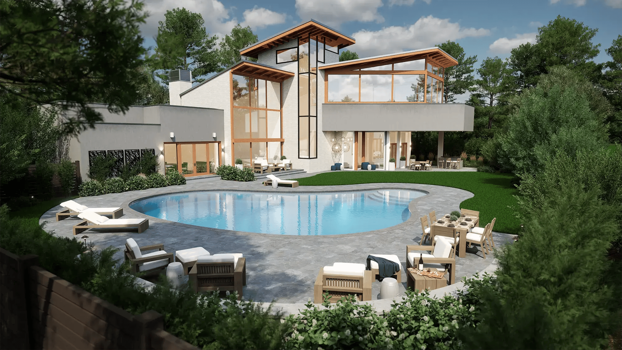 Luxury freeform pool with expansive patio, lounge seating, and contemporary glass-walled home