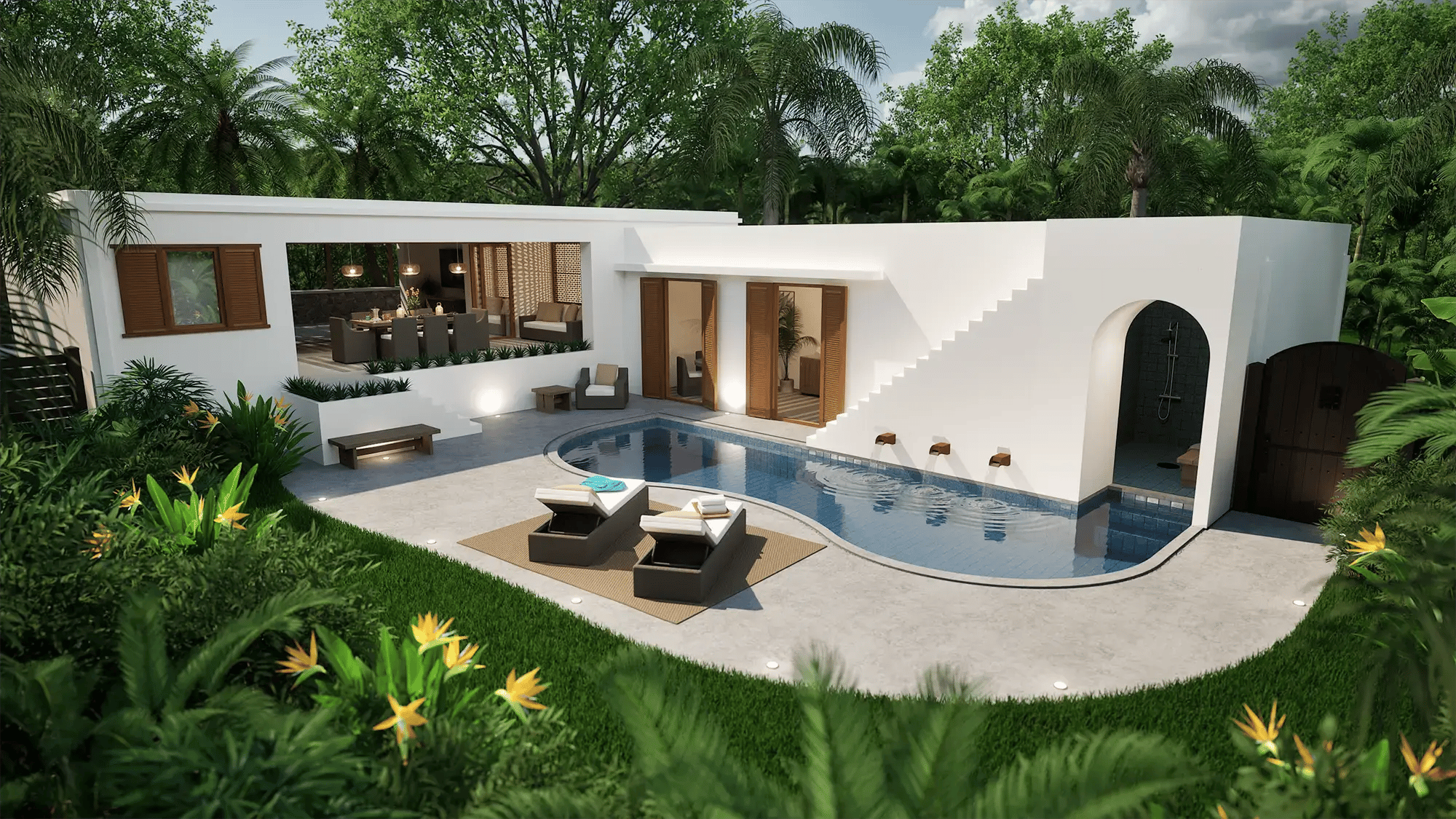 Courtyard pool design with curved layout, stucco walls, and private outdoor seating area