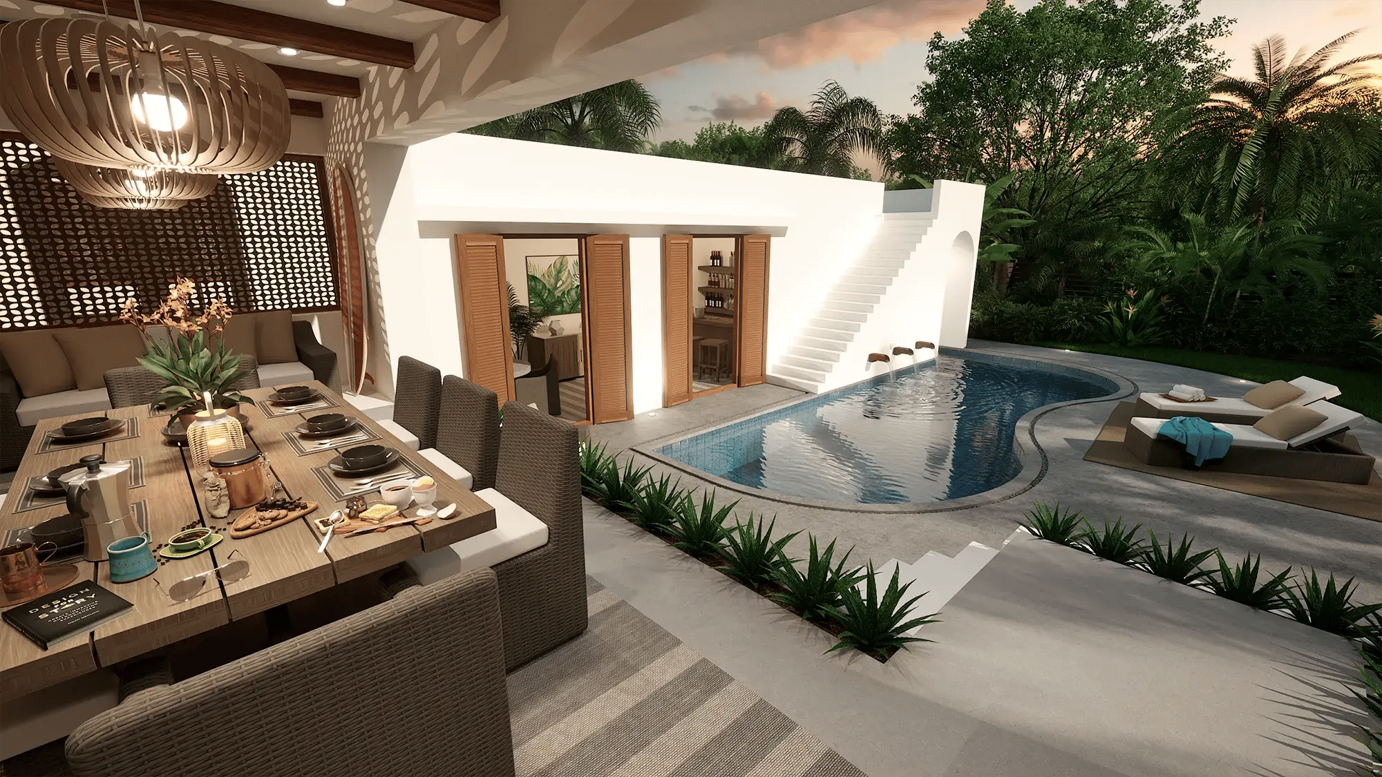 Courtyard pool design with outdoor dining area, covered patio, and Mediterranean-style architecture