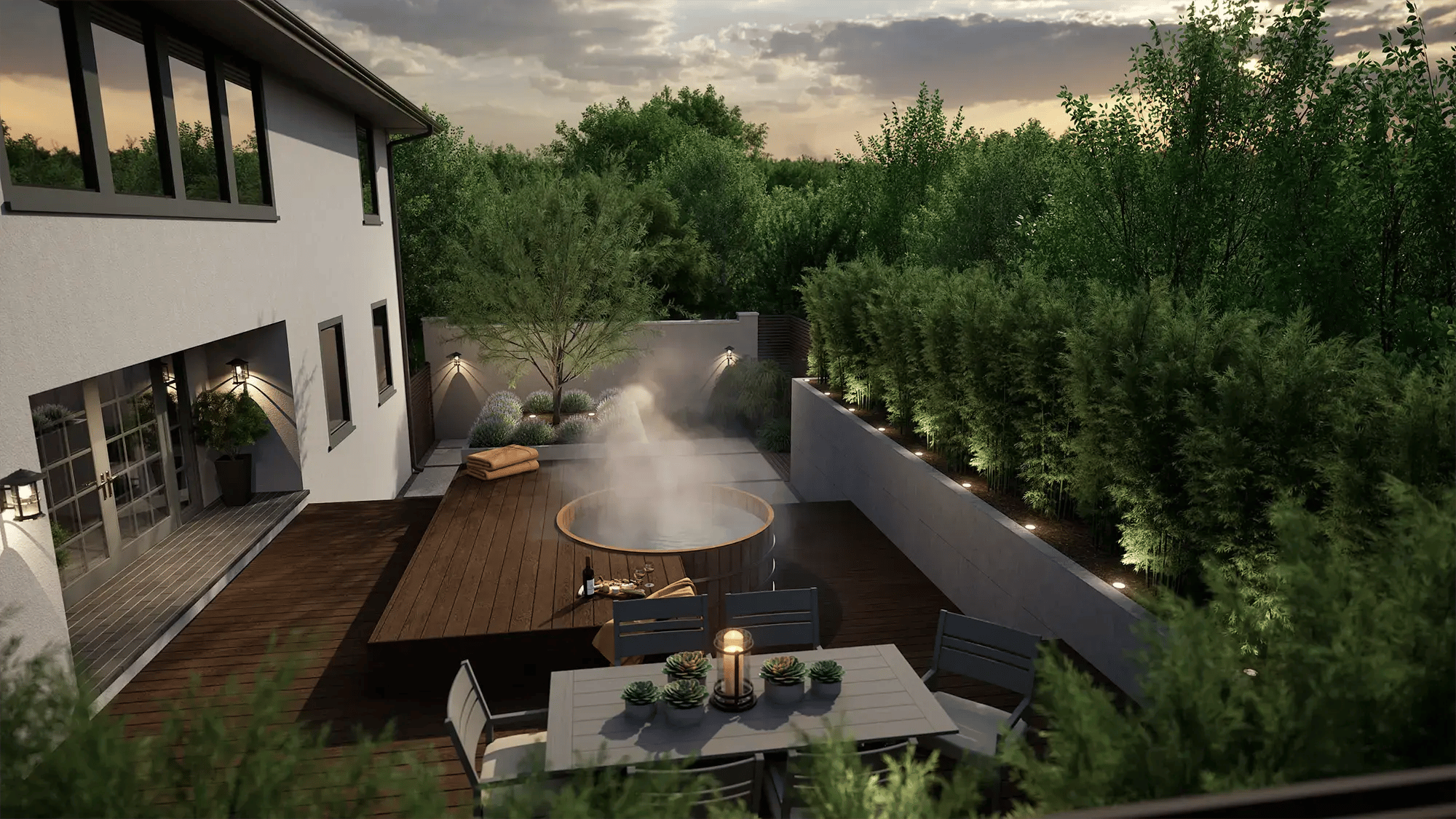 Backyard spa and hot tub design with privacy fencing, integrated seating, and evening ambiance