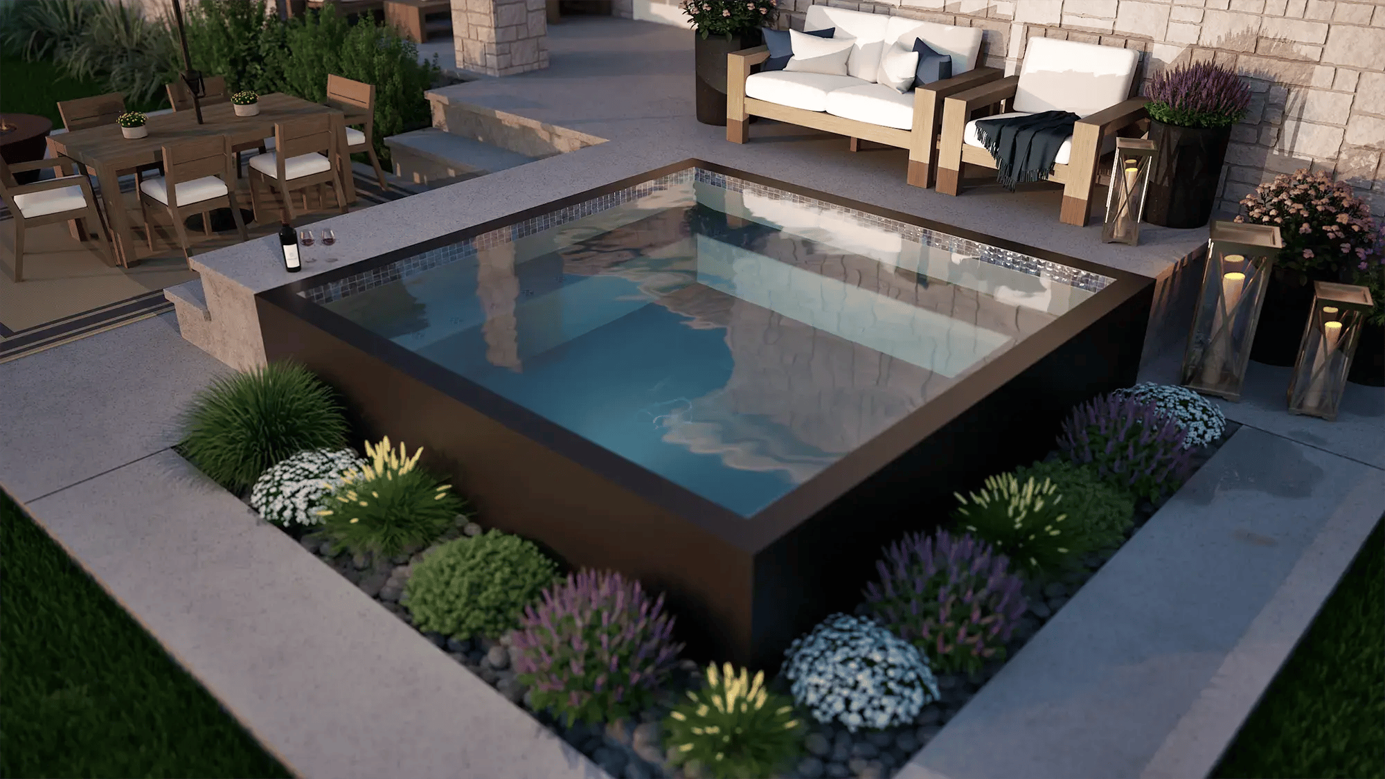 Raised spa and plunge pool design with clean geometric form and surrounding planting beds