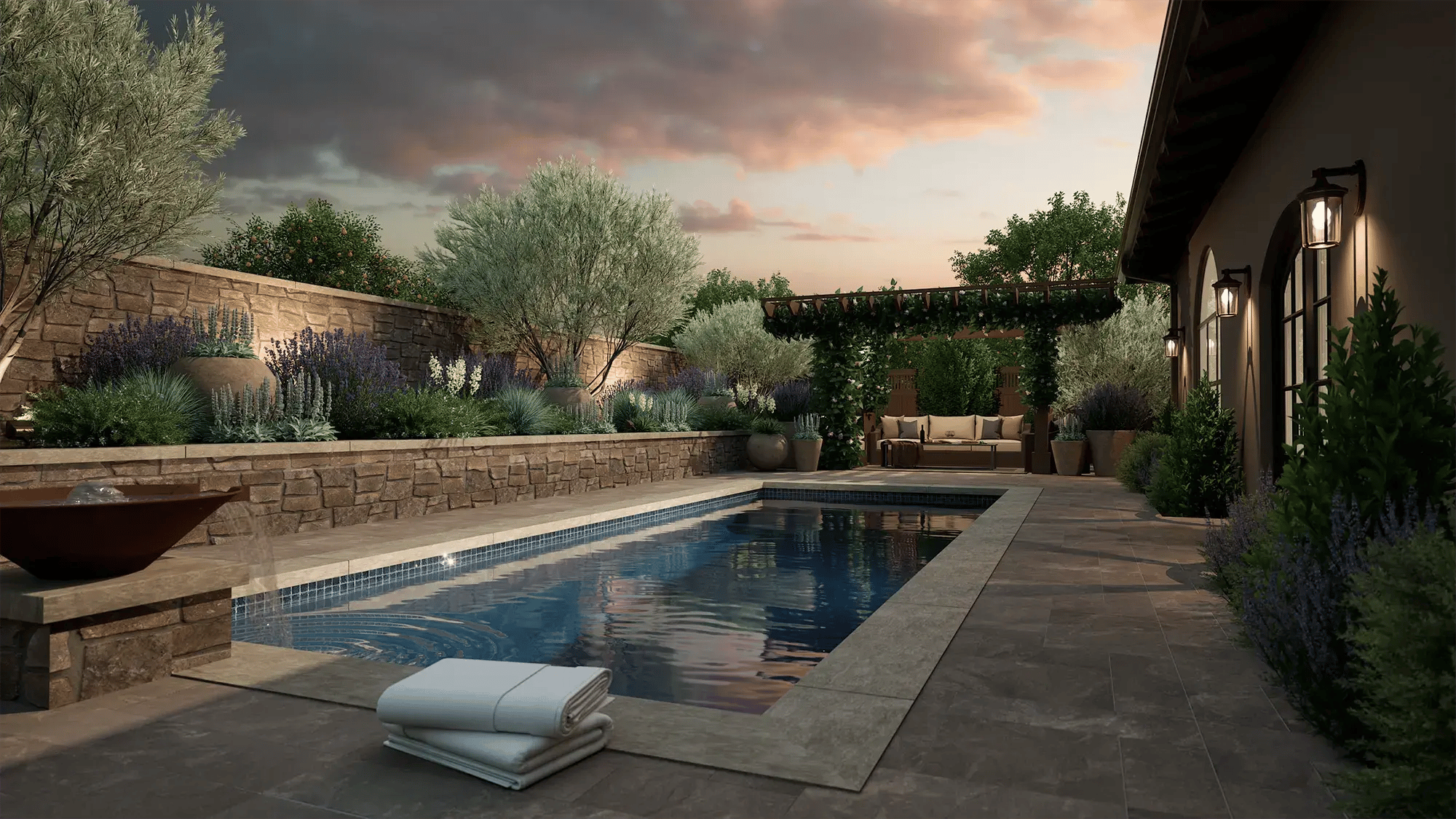 Elegant rectangular pool customized with perimeter wall, soft lighting, and intimate outdoor living space