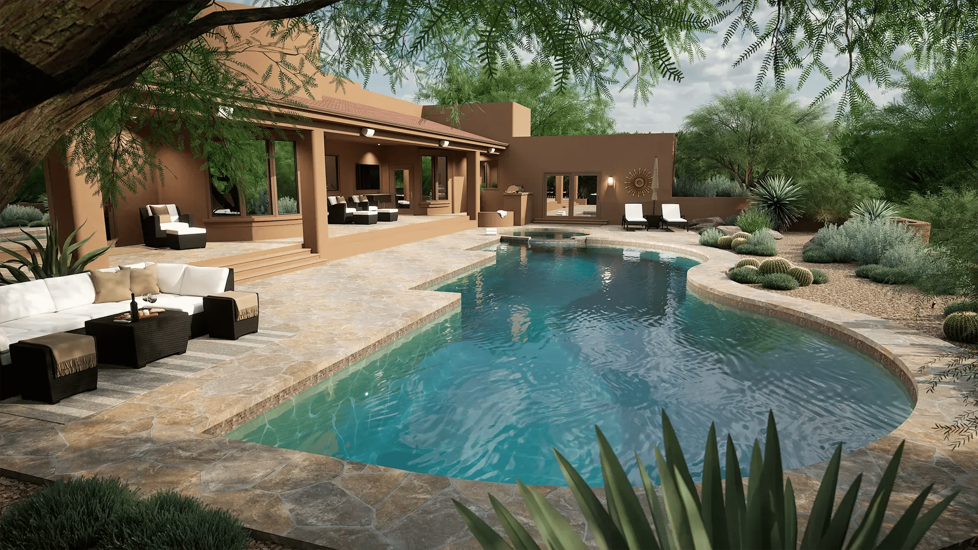 Custom pool and patio design with desert landscaping, clean lines, and seamless indoor-outdoor living integration