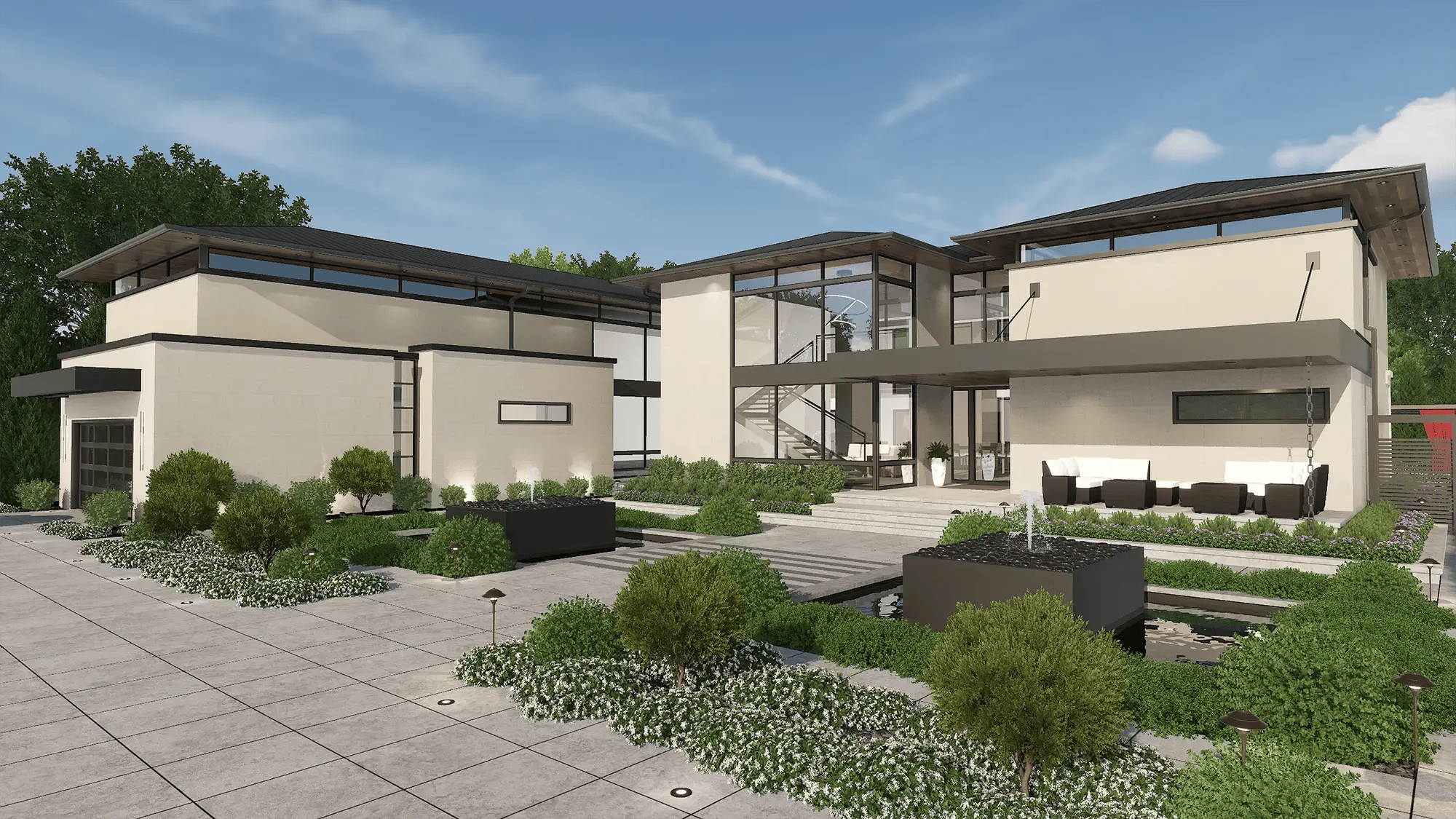 Pool-Studio-3D-design-software-modern-estate-front-courtyard-fountain-basins-landscape-paver-driveway