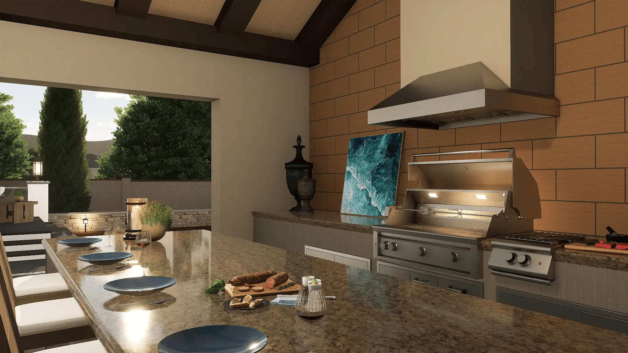 Pool-Studio-design-software-covered-outdoor-kitchen-stainless-range-hood-grill-terracotta-tile-wall-ocean-art