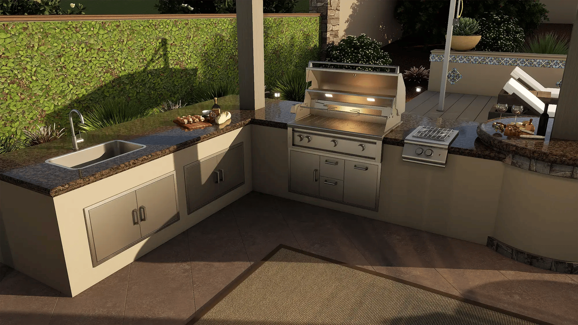 Pool-Studio-design-software-custom-outdoor-kitchen-granite-countertop-stainless-grill-sink-side-burner-living-wall-talavera-tile