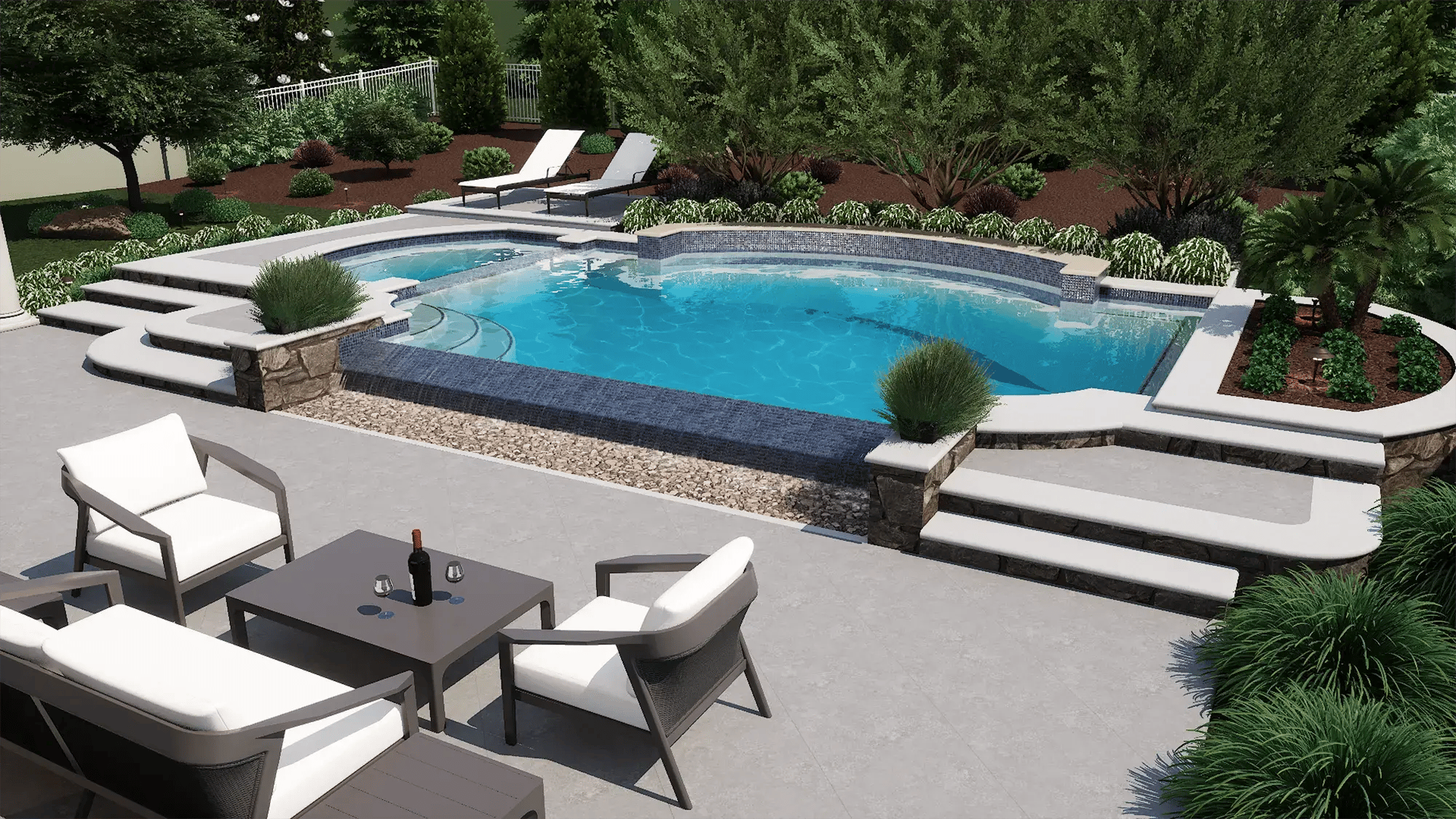 Pool-Studio-3D-design-software-geometric-pool-raised-spa-stacked-stone-walls-tanning-ledge-lounge-chairs-landscaping