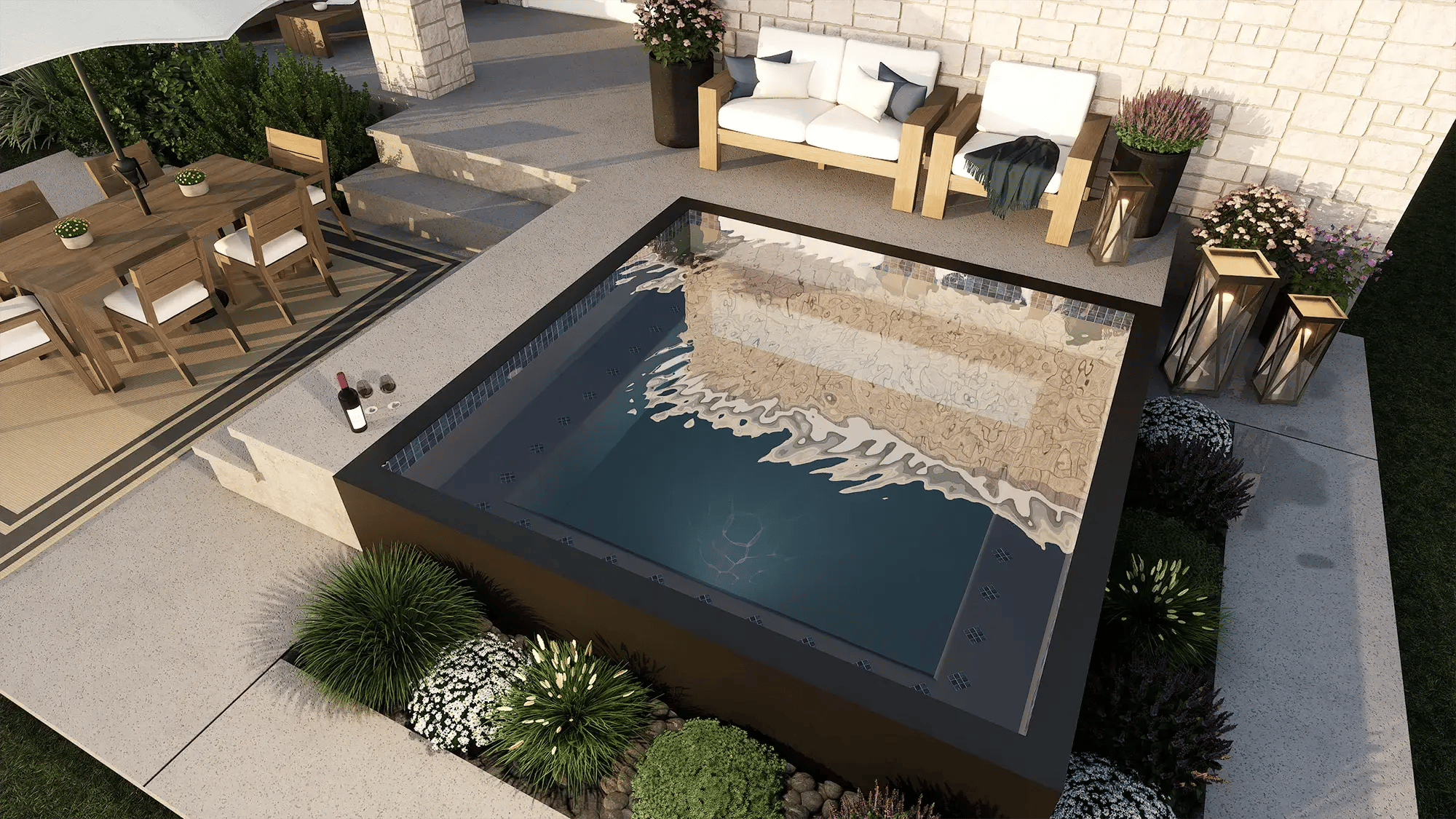 Pool-Studio-design-software-above-ground-plunge-pool-aerial-tanning-ledge-teak-sofa-dining-set-lanterns-flowering-planters