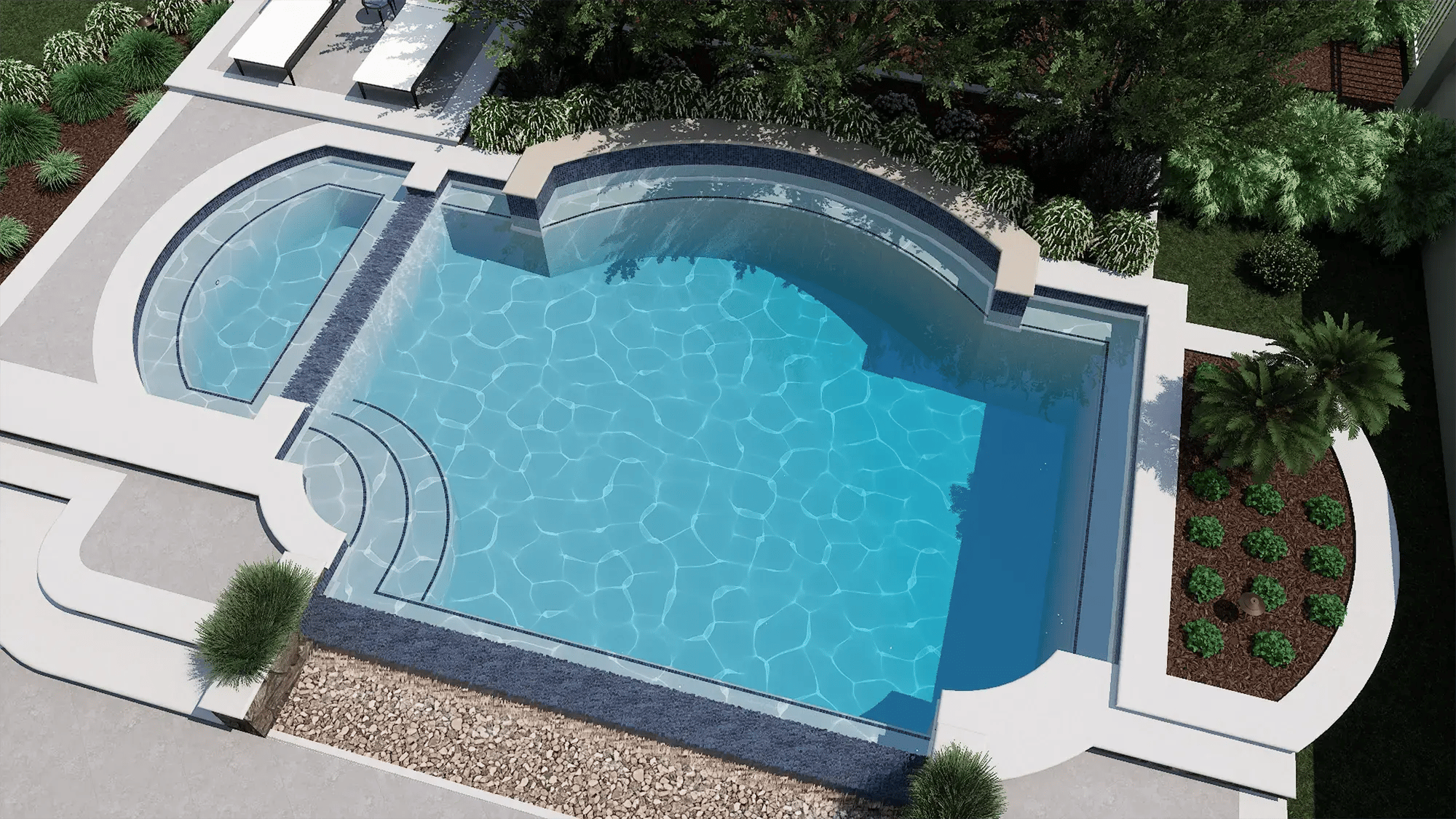 Pool-Studio-design-software-aerial-3d-pool-raised-spa-spillover-curved-step-entry-tile-trim-pea-gravel-border-palm