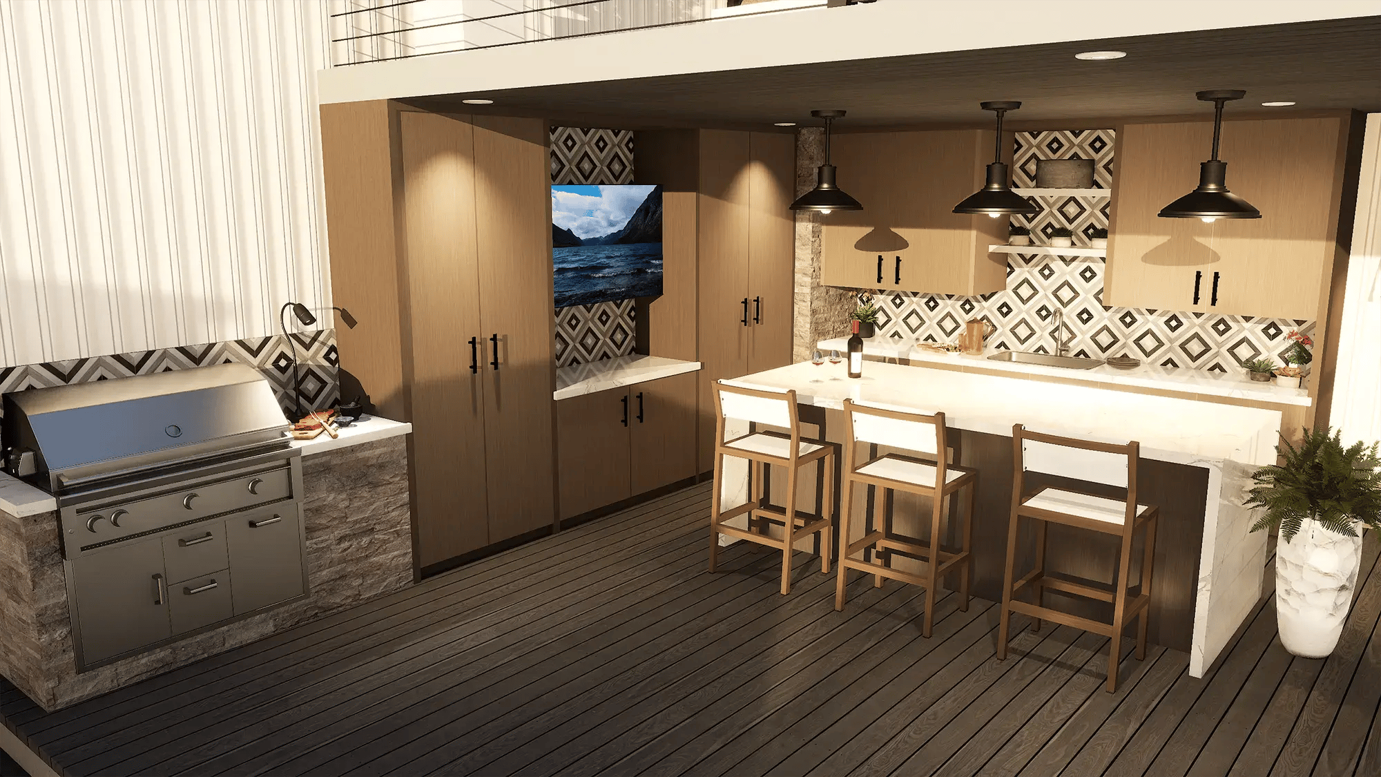Pool-Studio-design-software-covered-outdoor-kitchen-bar--geometric-tile-tv-lights-teak-barstools-stone-grill-station