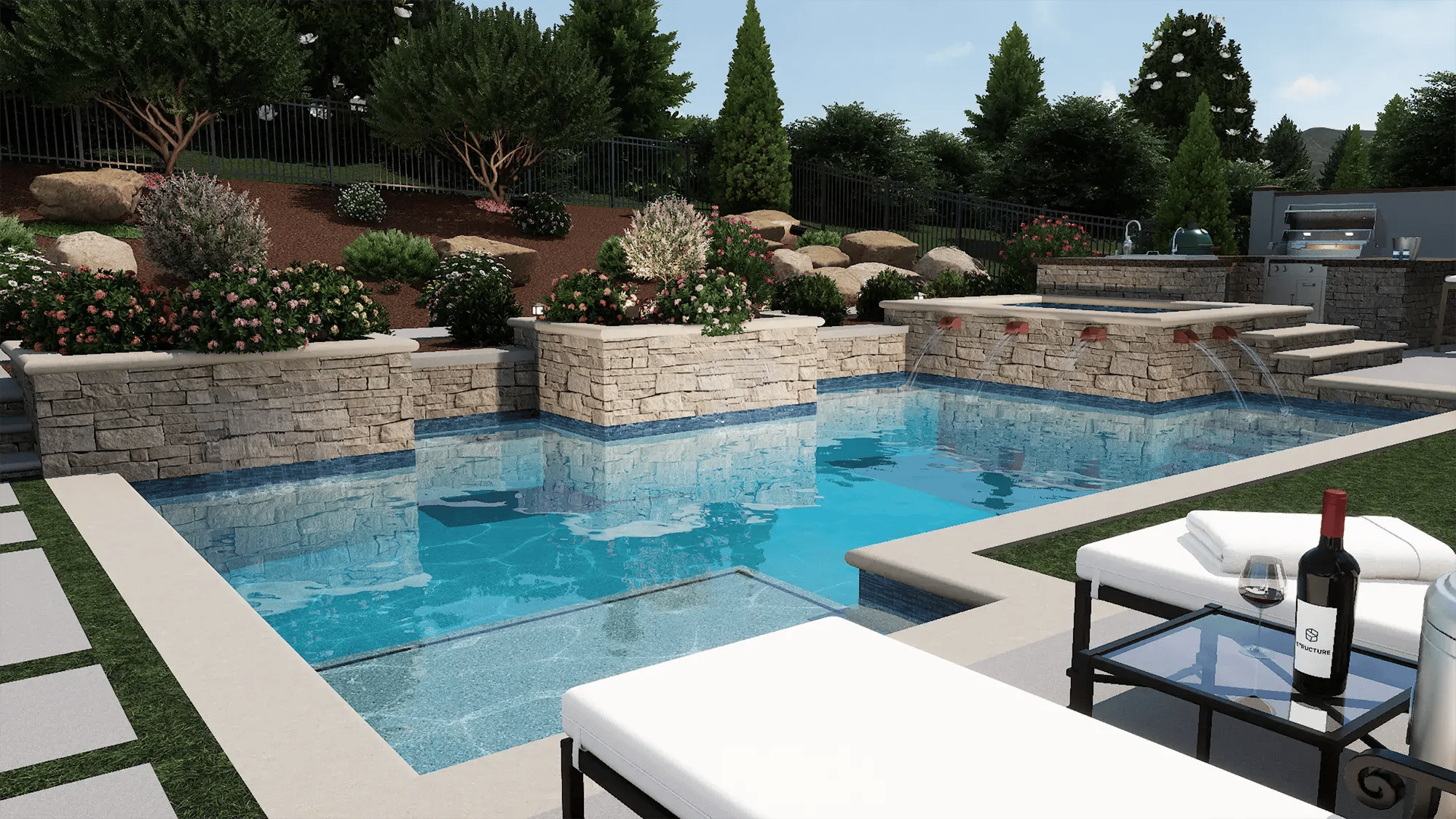 Pool-Studio-design-software-geometric-pool-3D-stacked-stone-retaining-wall-copper-scuppers-raised-spa-flower-planters
