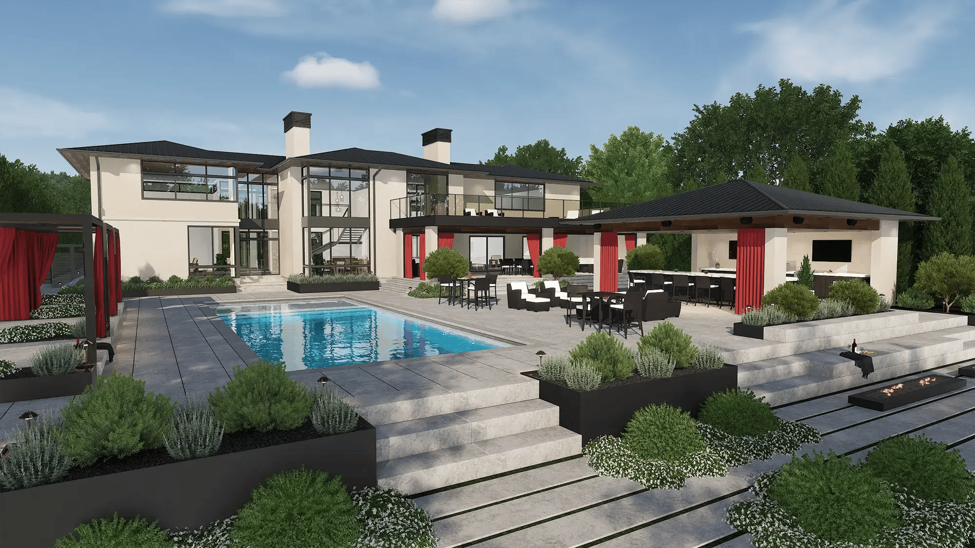 Pool-Studio-design-software-luxury-estate-overview-drapes-pavilion-terraced-steps-linear-fire-pit-daytime