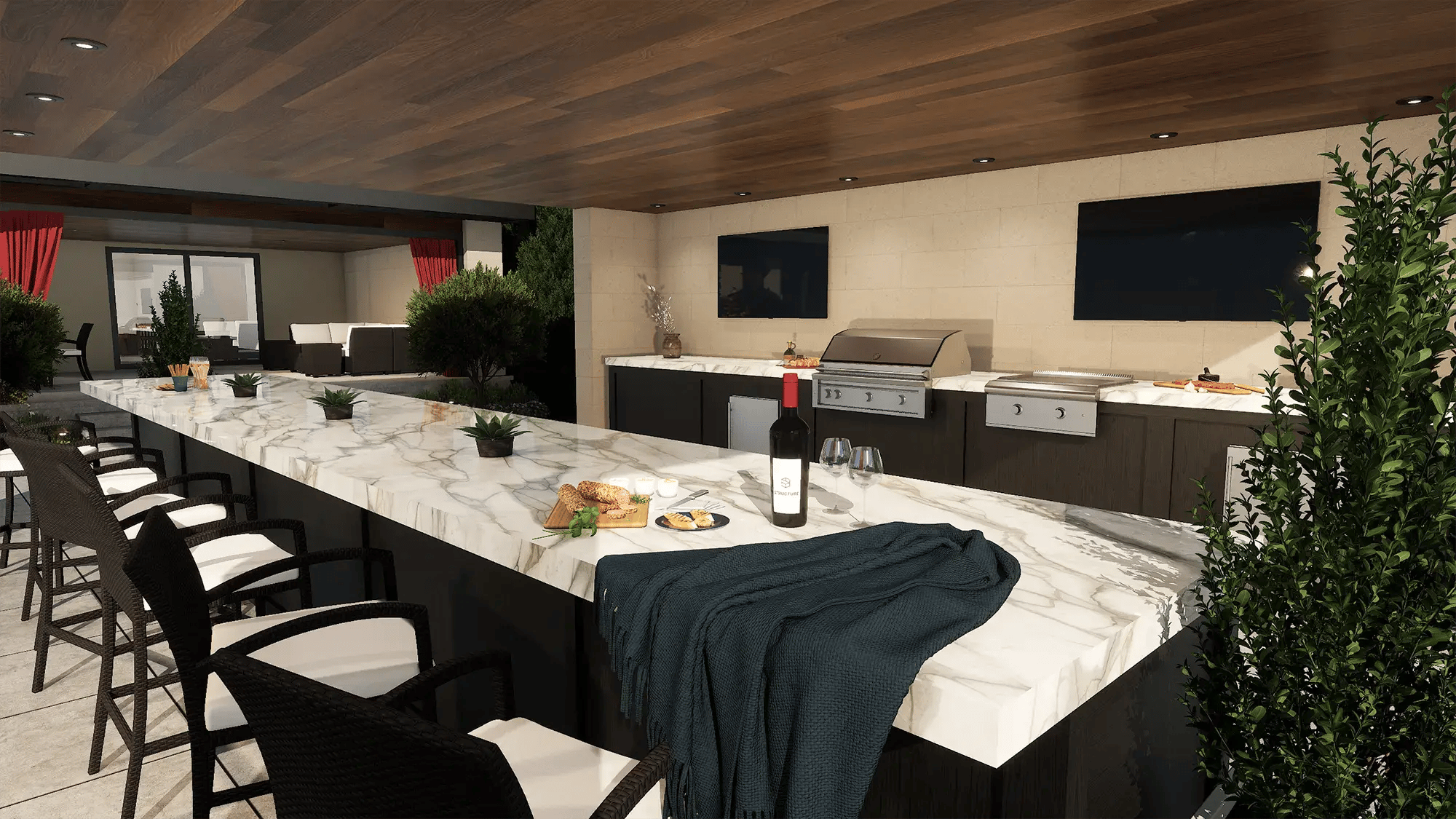 Pool-Studio-design-software-luxury-outdoor-kitchen-bar-marble-island-wicker-barstools-dual-tv-grill-wood-ceiling