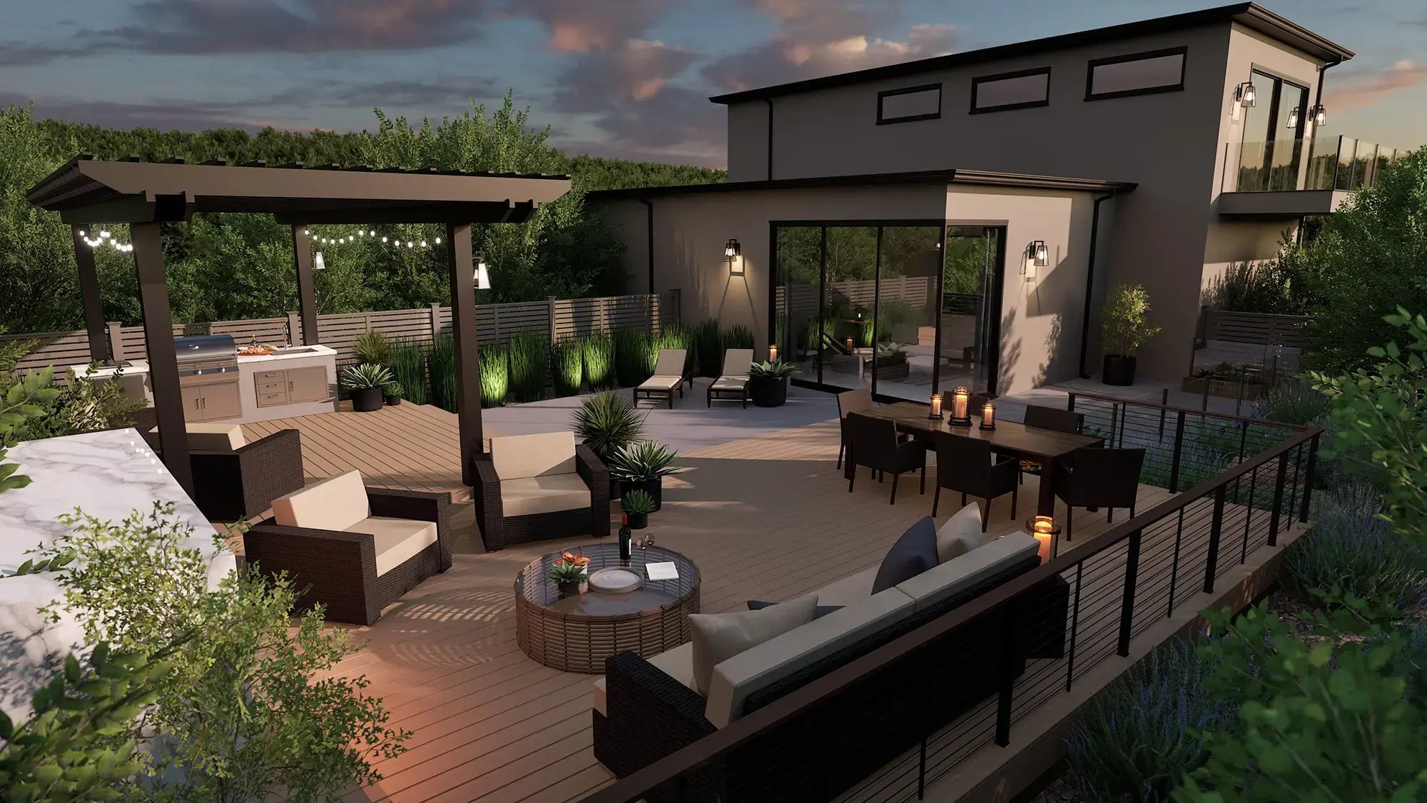 Vip3D-design-software-modern-deck-pergola-outdoor-kitchen-lounge-dining-lights-cable-railing-dusk