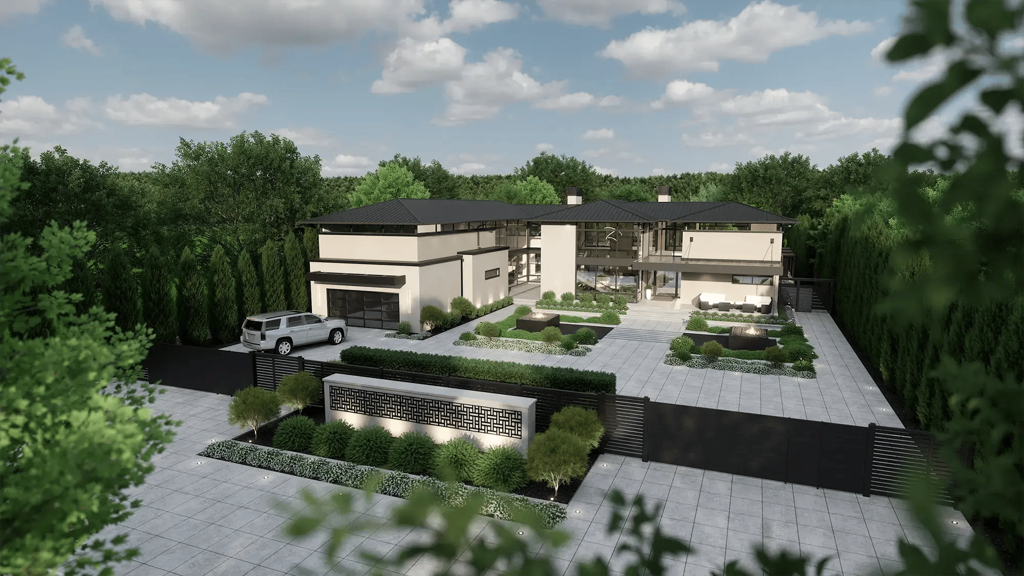 Vip3D-design-software-modern-estate-aerial-courtyard-paver-driveway-fire-pits-gate-wall-metal-roof