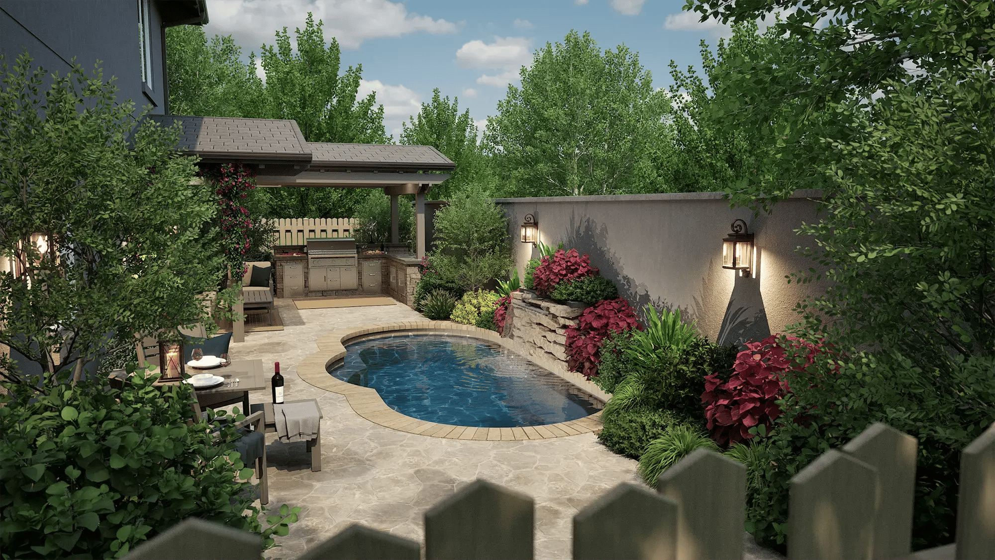 Vip3D-design-software-pool-pergola-outdoor-kitchen-flagstone-patio-colorful-landscaping-wall-lanterns