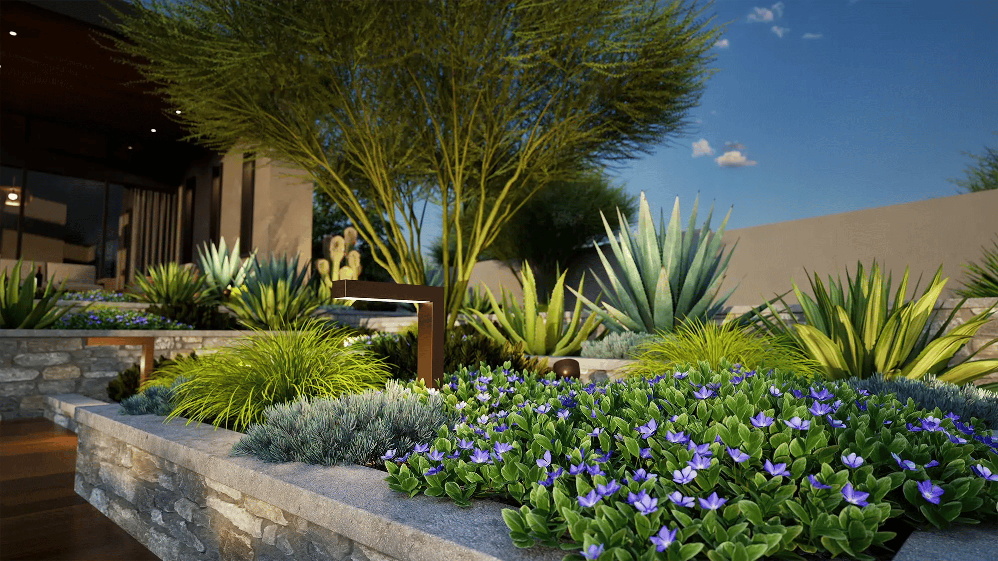 Vip3D-landscape-design-software-desert-landscape-close-up-agave-blue-flowering-groundcover-stacked-stone-planter-uplighting