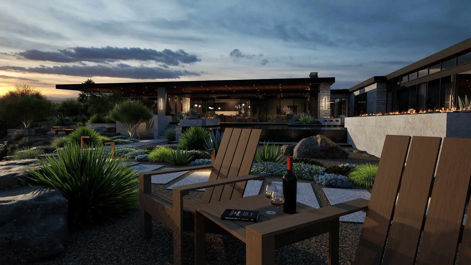 Vip3D-landscape-design-software-desert-modern-estate-adirondack-chairs-fire-wall-gravel-garden-agave-twilight