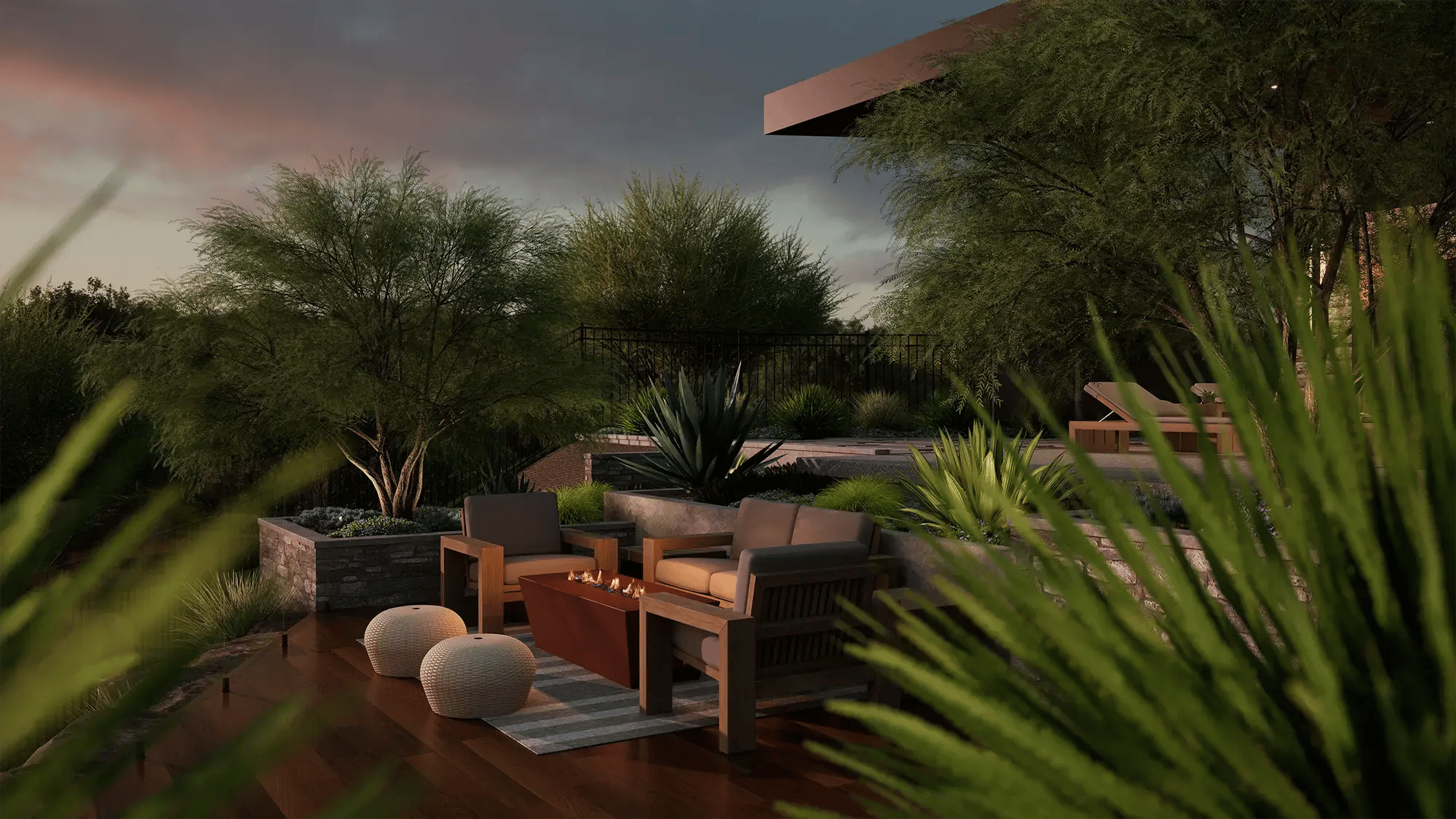 Vip3D-landscape-design-software-desert-patio-fire-table-agave-stacked-stone-planters-dusk