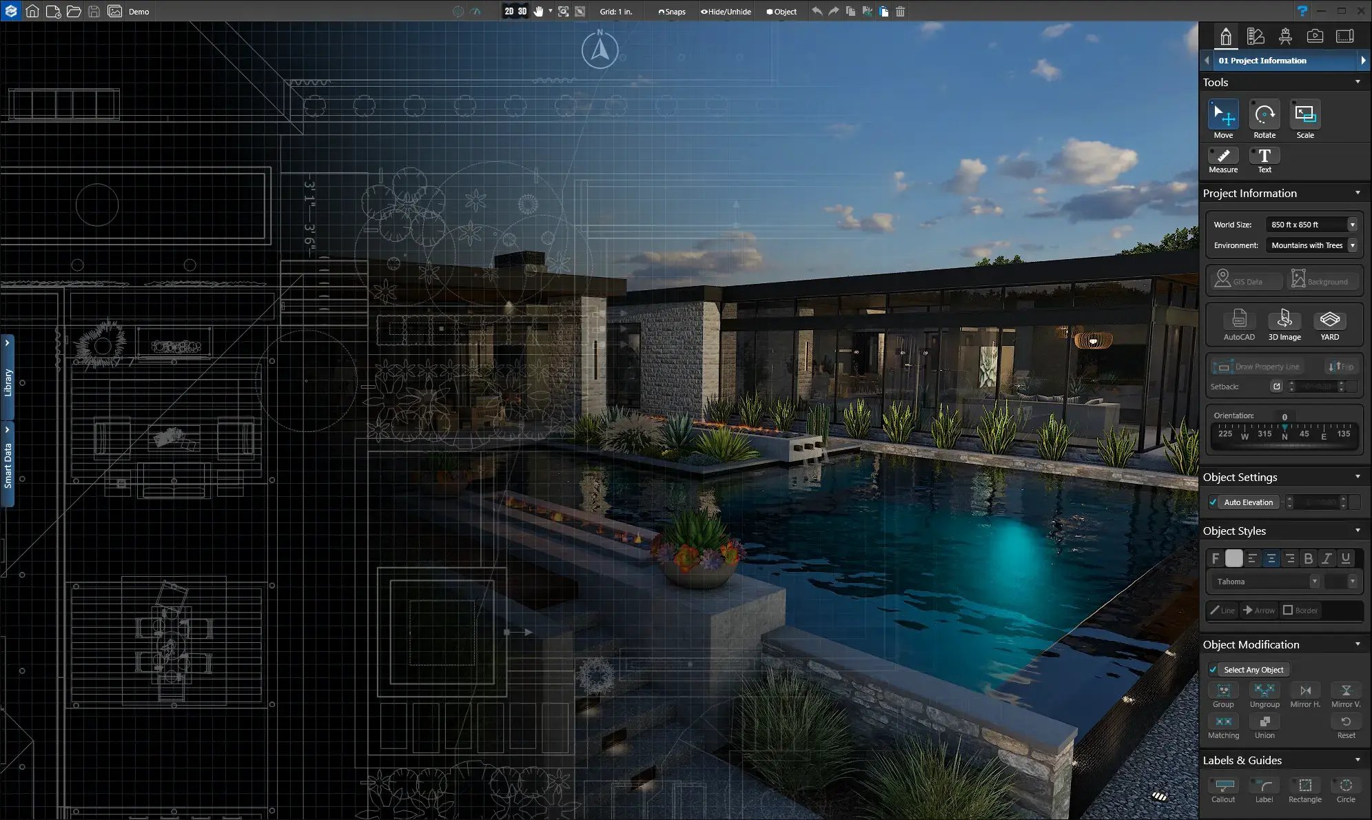 Vip3D-landscape-design-software-modern-home-blueprint-to-3d-pool-stone-facade