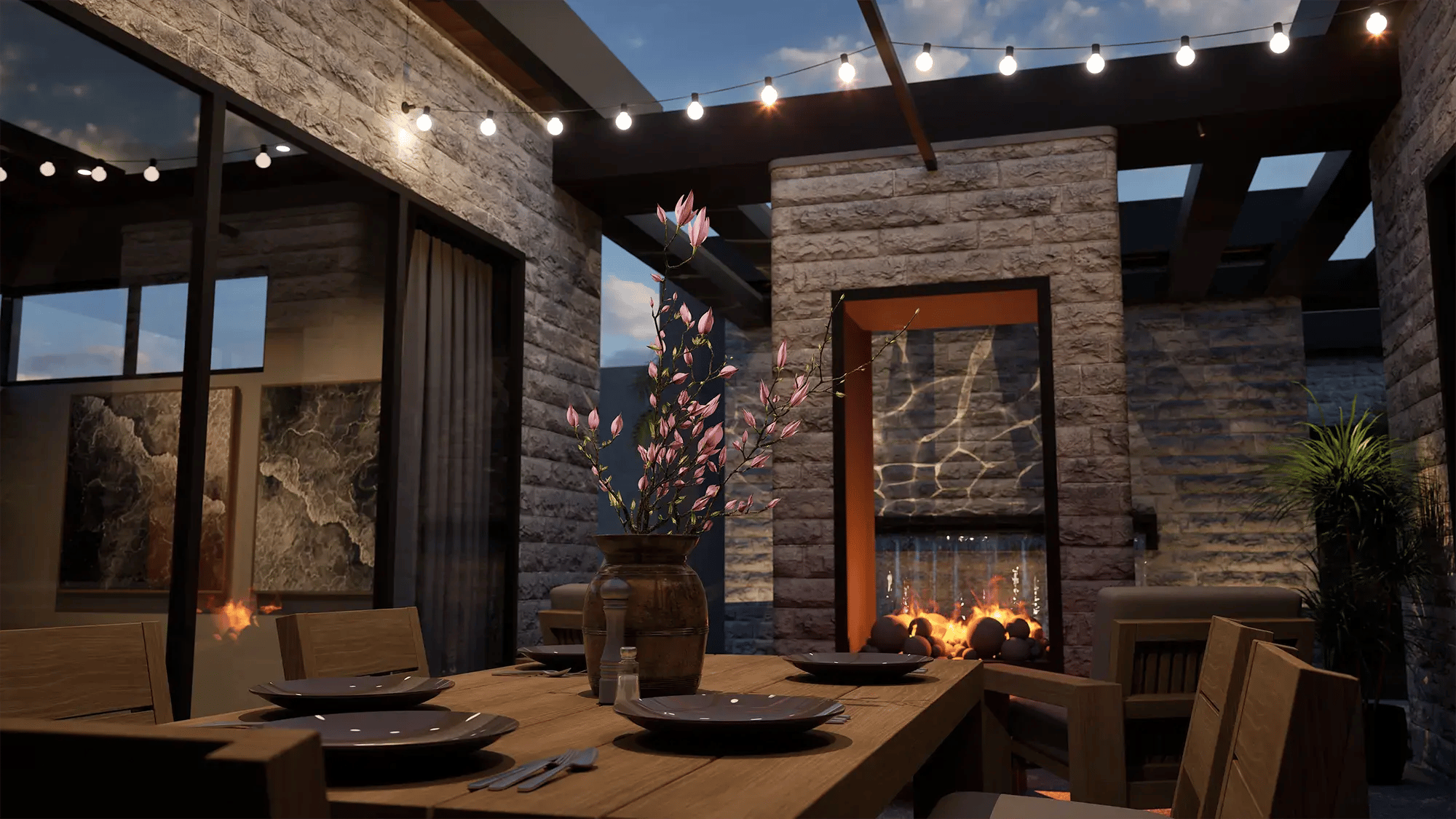 Vip3D-landscape-design-software-outdoor-dining-patio-stone-fireplace-water-feature-string-lights-magnolia-centerpiece-dusk