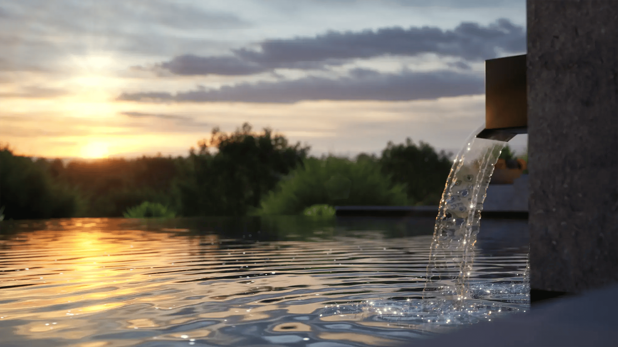 Vip3D-outdoor-living-design-software-infinity-pool-scupper-water-feature-sunset-reflection