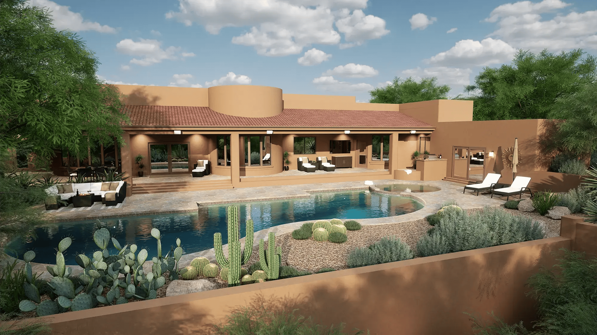 Vip3D-version-4-landscape-design-software-southwest-adobe-home-freeform-pool-spa-saguaro-barrel-cactus-prickly-pear-desert-landscape