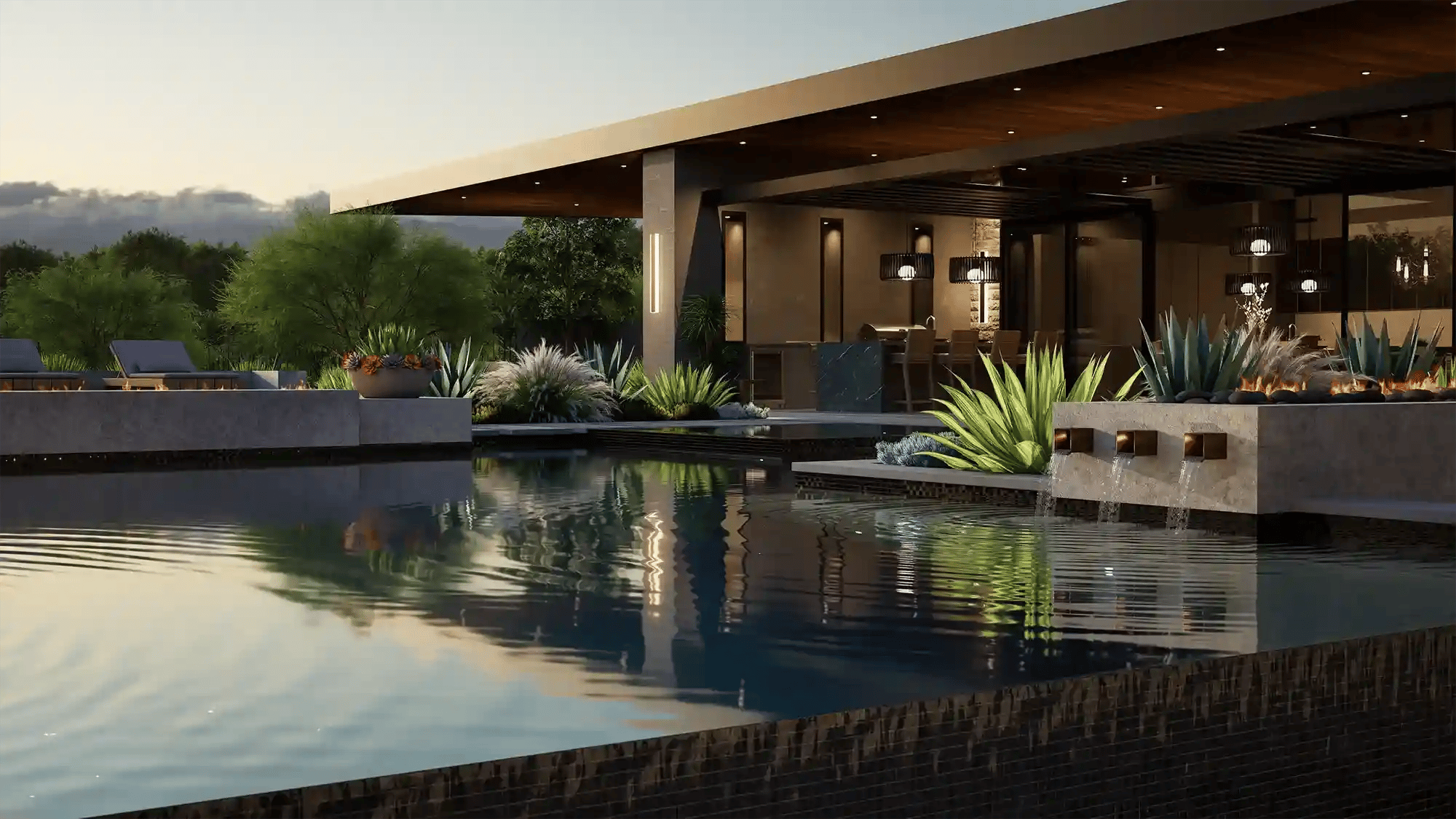 Vip3d-version-4-design-software-dark-tile-pool-linear-fire-water-scuppers-patio-dusk