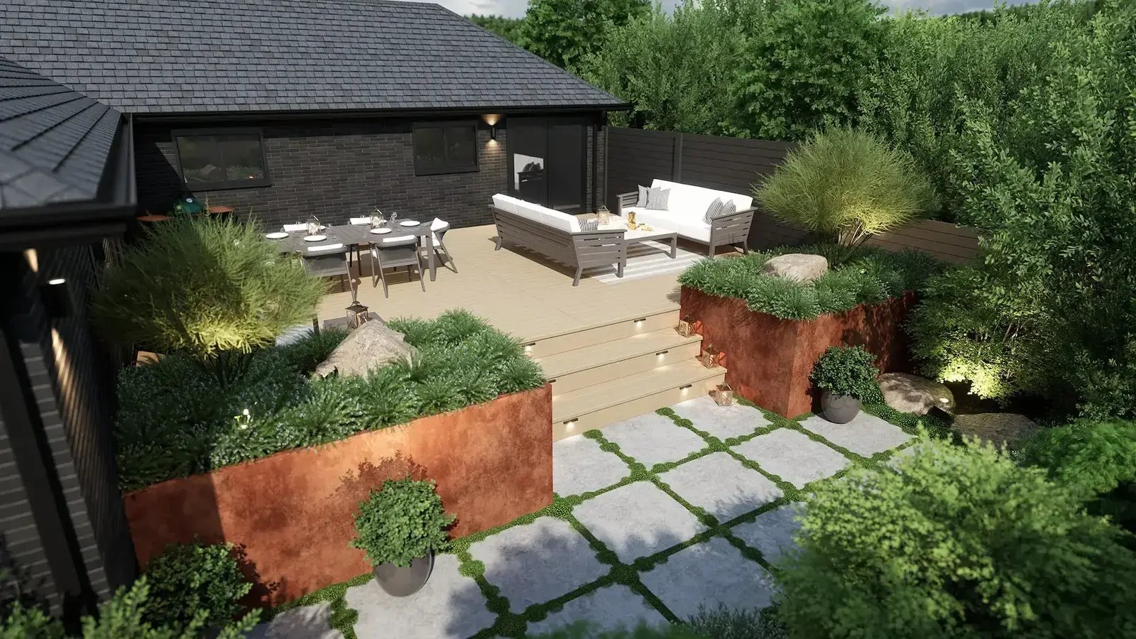 Vizterra-deck-design-software-3D-corten-steel-retaining-walls-stepping-stone-patio-big-green-egg-lounge-dining-dusk