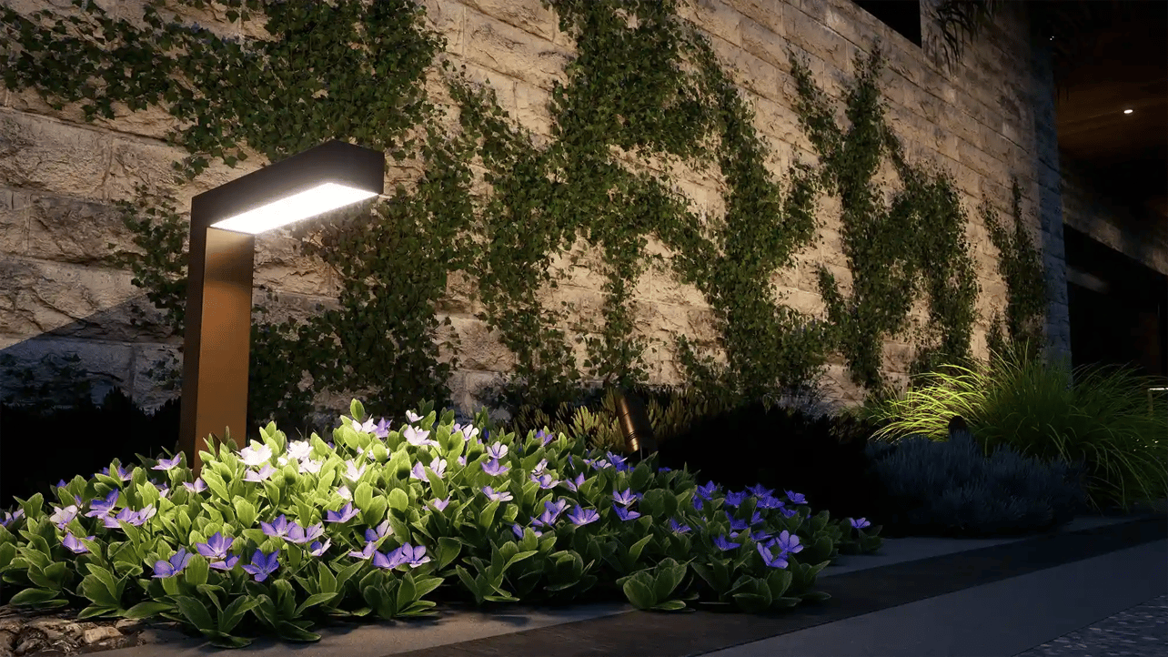 vip3d-version-4-limestone-wall-climbing-ivy-blue-vinca-groundcover-bronze-bollard-light-night
