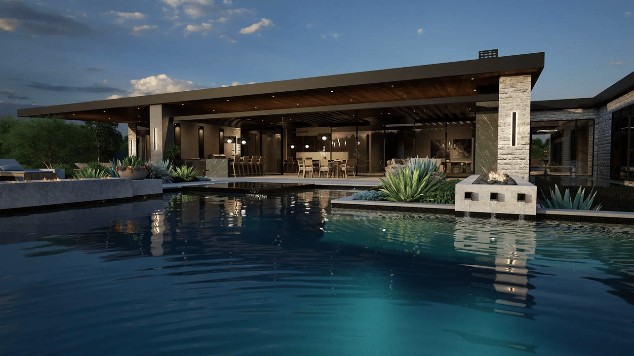 Vip3d-version-4-design-software-dark-tile-pool-linear-fire-water-scuppers-patio-dusk