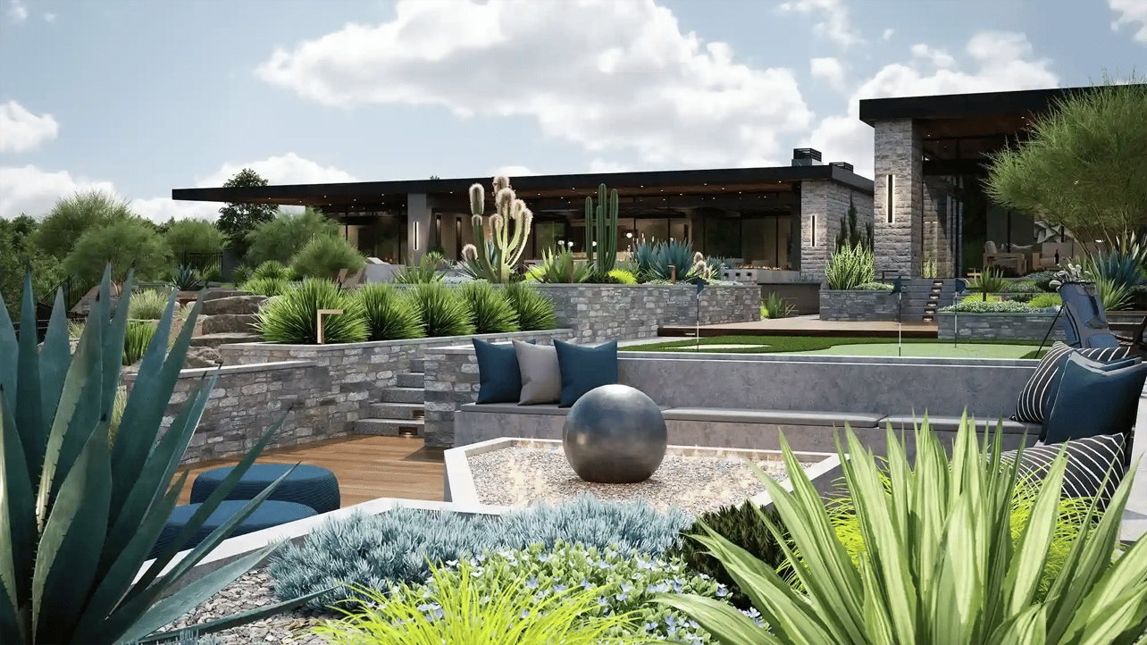 Vip3d-version-4-design-software-desert-multilevel-stone-terrace-sphere-fire-pit-putting-green-cactus