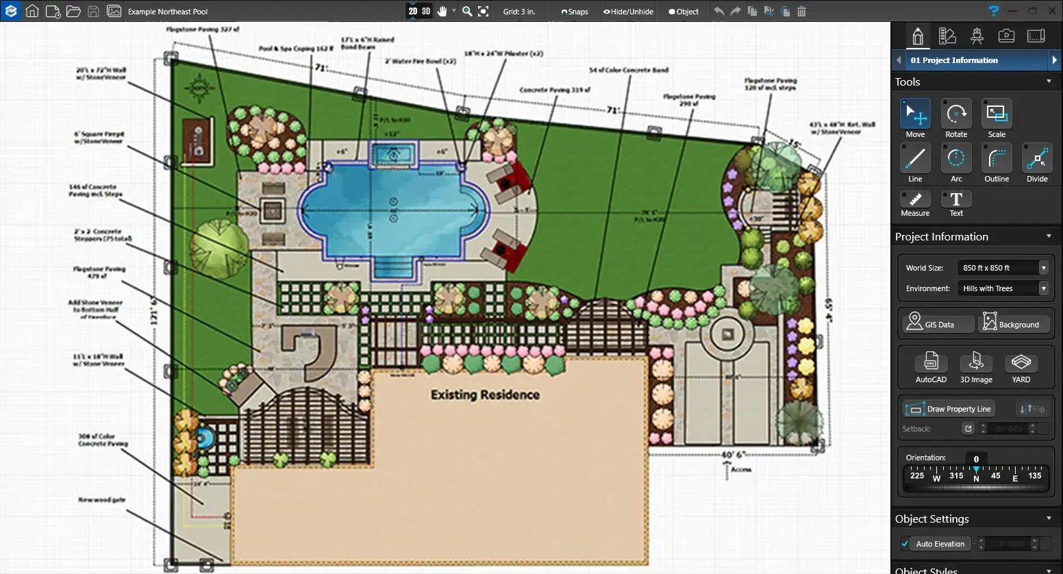 Detailed 2D pool and landscape plan with dimensions, layout, and labeled construction elements