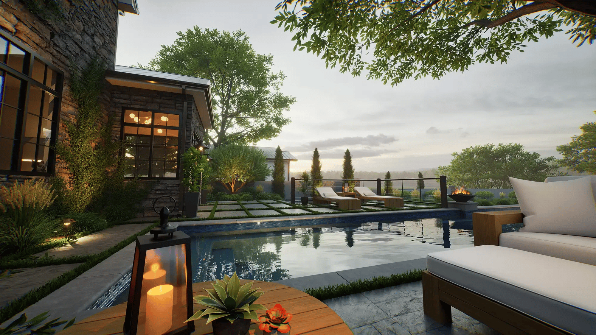 Elegant rectangular pool with clean hardscape edges, perimeter wall, and soft lighting