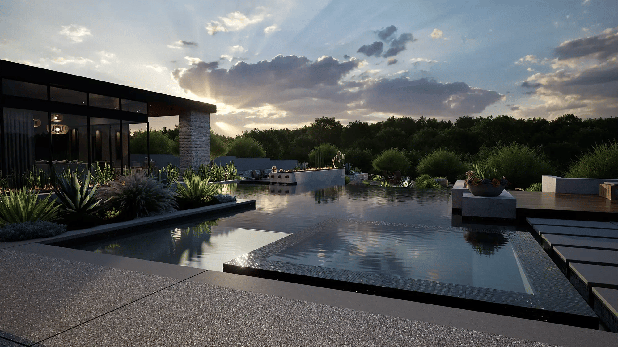 Luxury pool design with expansive water surface, sun shelf, and integrated landscape lighting