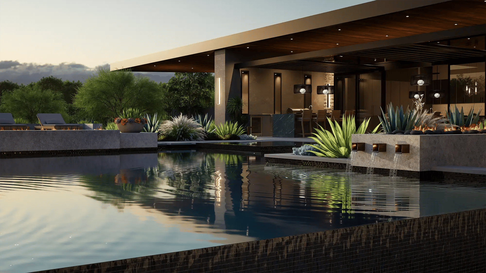 Luxury outdoor living design with illuminated pool, modern architecture, and integrated landscape lighting at dusk