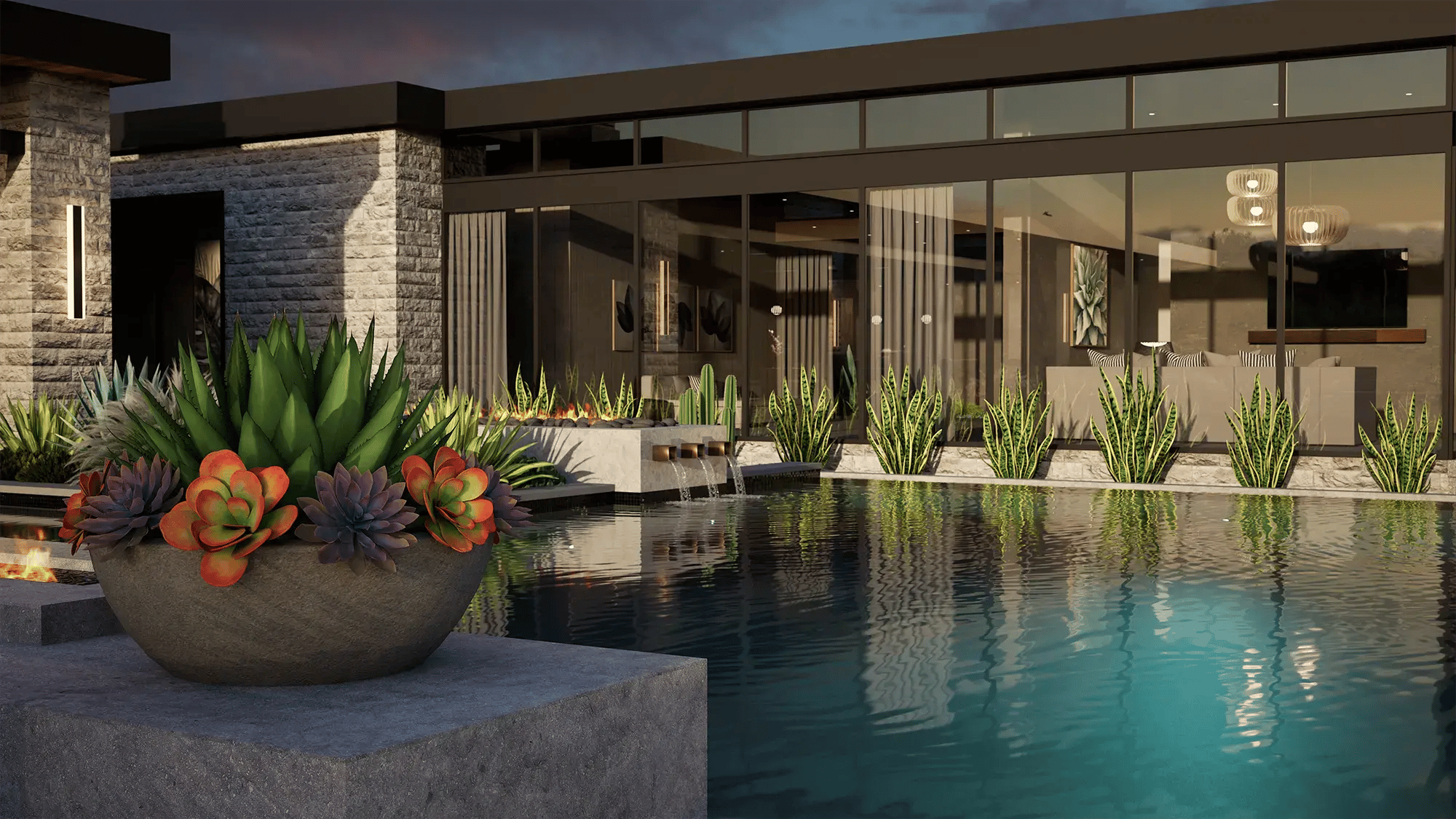 Modern pool design with clean edges, reflective water surface, and contemporary architecture