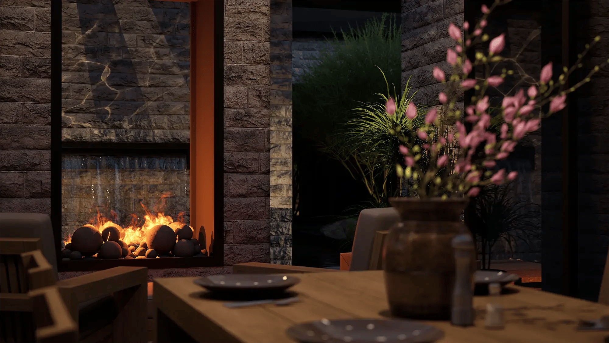 Backyard design with pergola, patio seating, outdoor kitchen, and structured landscaping layout