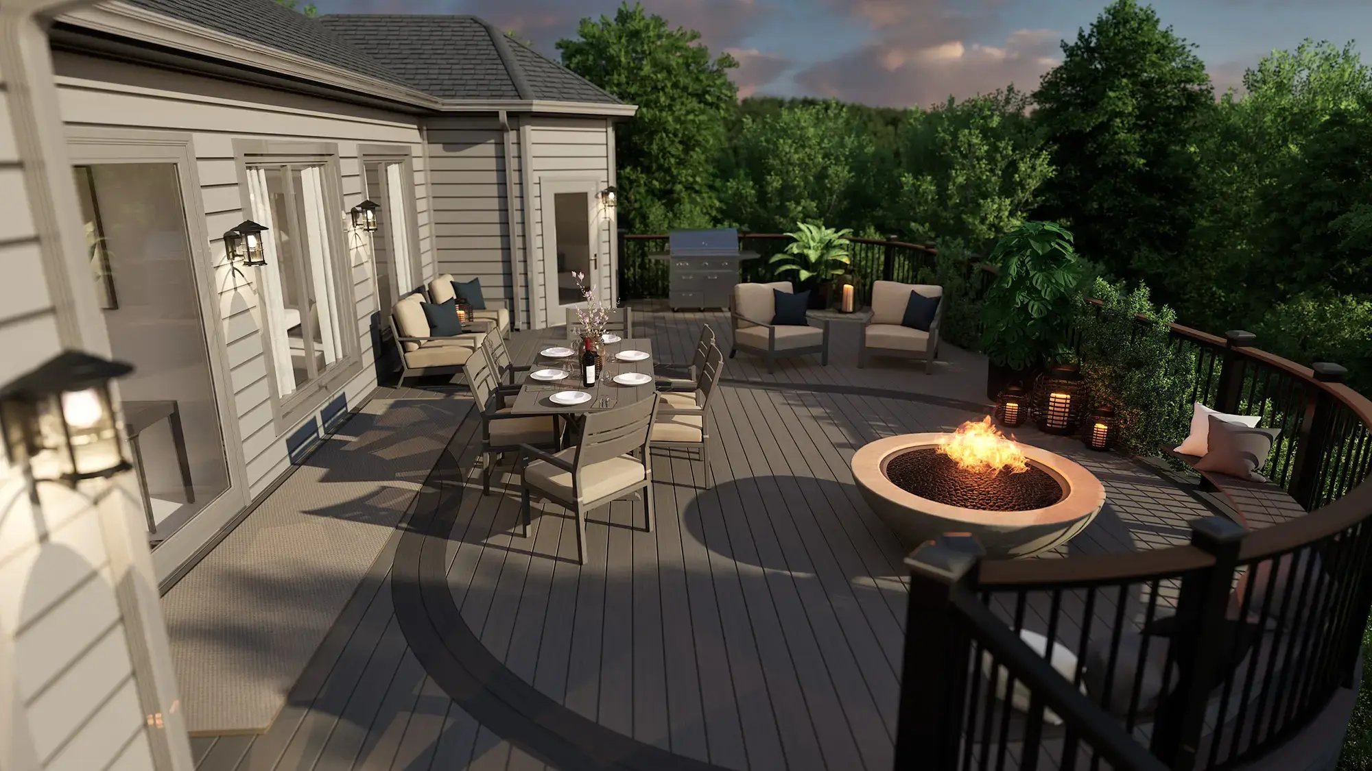 Vip3D-design-software-custom-deck-fire-pit-outdoor-dining-lounge-seating-grill-dusk-lighting