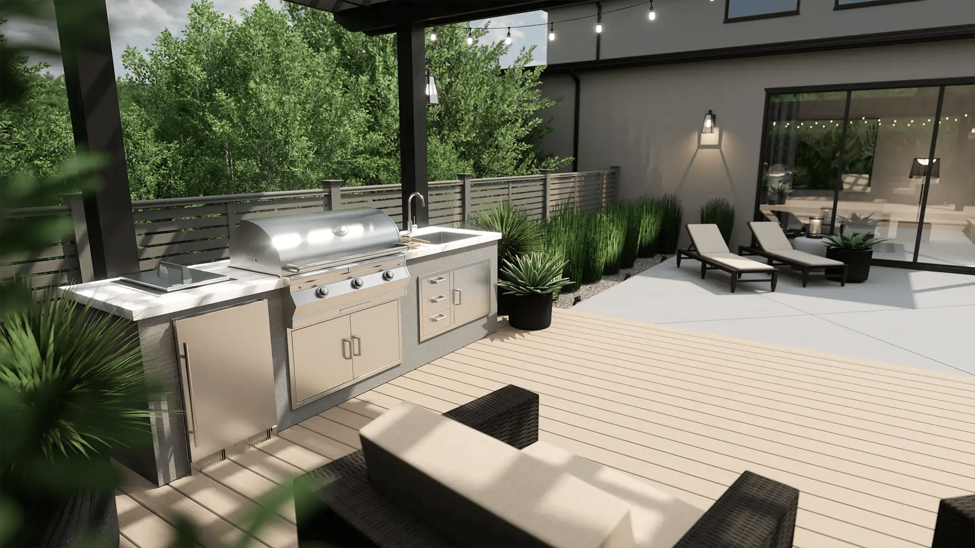 Vip3D-design-software-outdoor-kitchen-wood-fired-pizza-oven-built-in-grill-marble-countertop-stainless-cabinets-deck-night