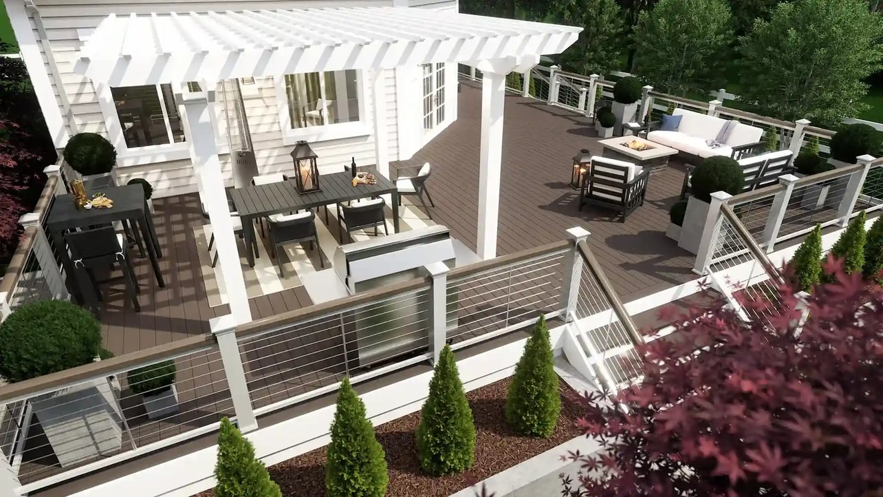 Vip3D-outdoor-living-design-multi-level-deck-white-pergola-outdoor-dining-fire-pit