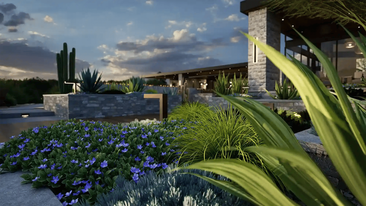 Vip3d-outdoor-living-design-software-desert-landscape-blue-groundcover-agave-cactus-stone-home-dusk