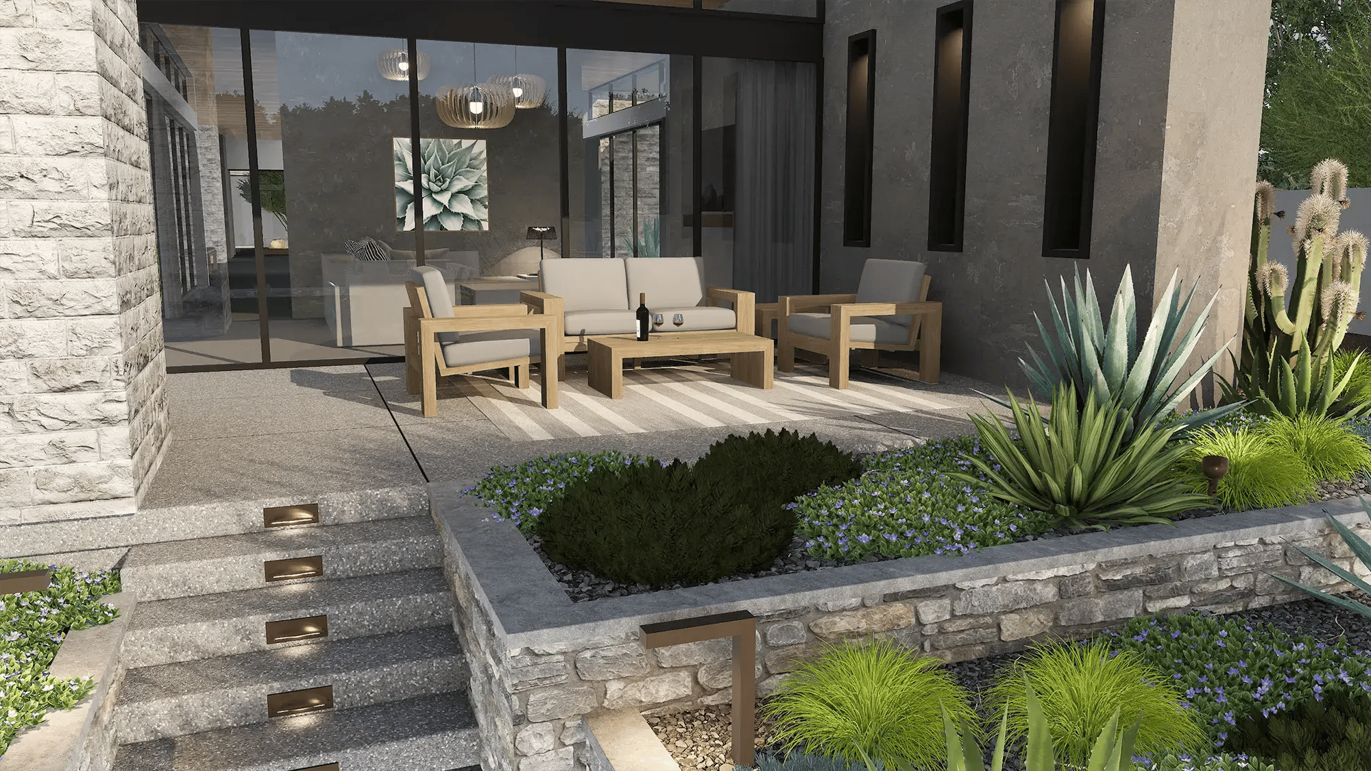 VizTerra hardscape design with lit stone steps, retaining wall, and an integrated patio seating area