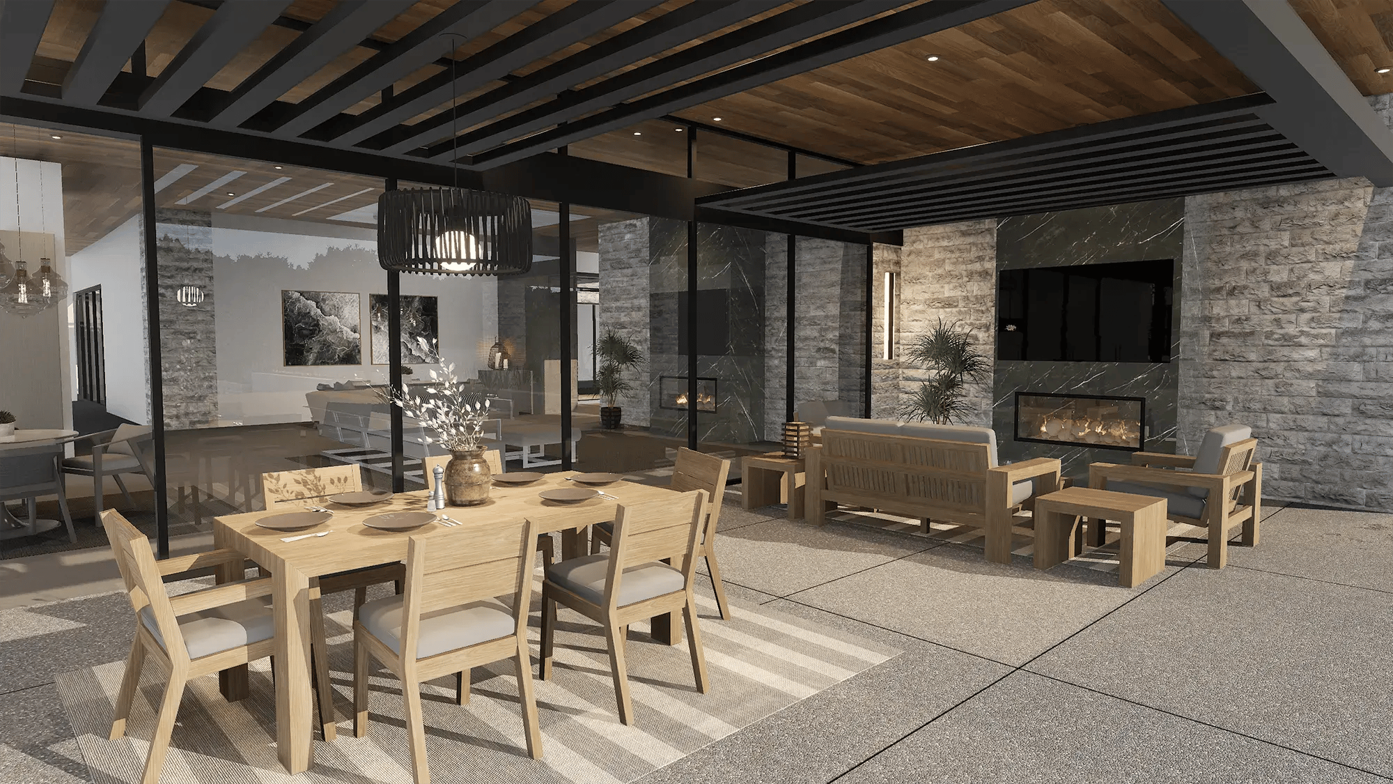 Outdoor living space with covered patio, pavers, dining area, and built-in fireplace